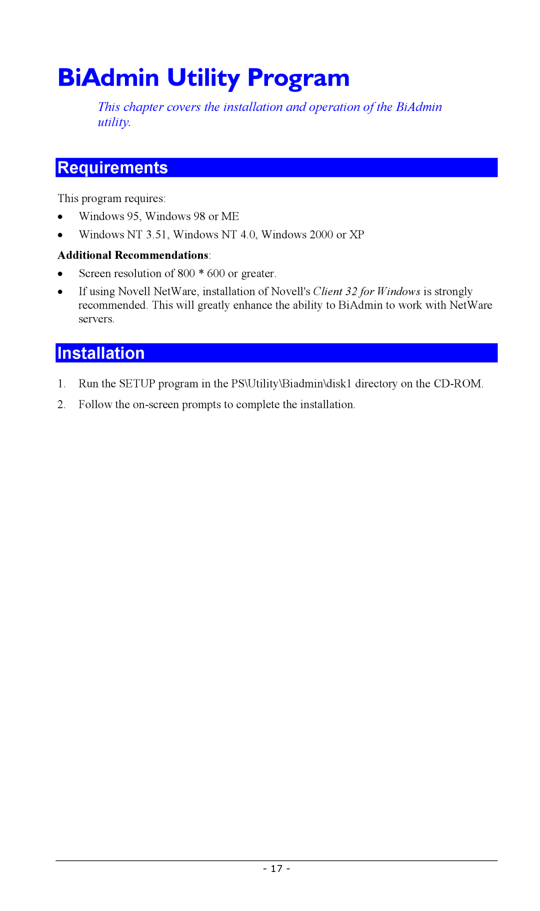 LevelOne FPS-2101USB, FPS-2003TXU manual BiAdmin Utility Program, Requirements, Installation, Additional Recommendations 