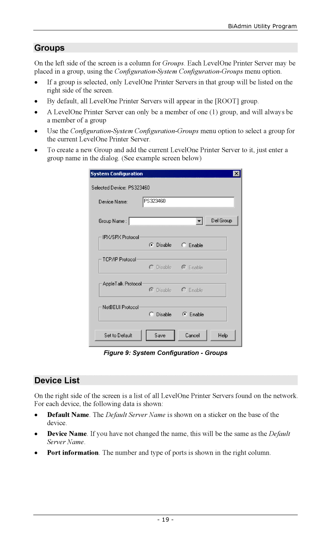 LevelOne FPS-2101TXU, FPS-2003TXU, FPS-2111TXU, FPS-2101USB, FPS-2013TXU, EPS-3001TU manual Groups, Device List 