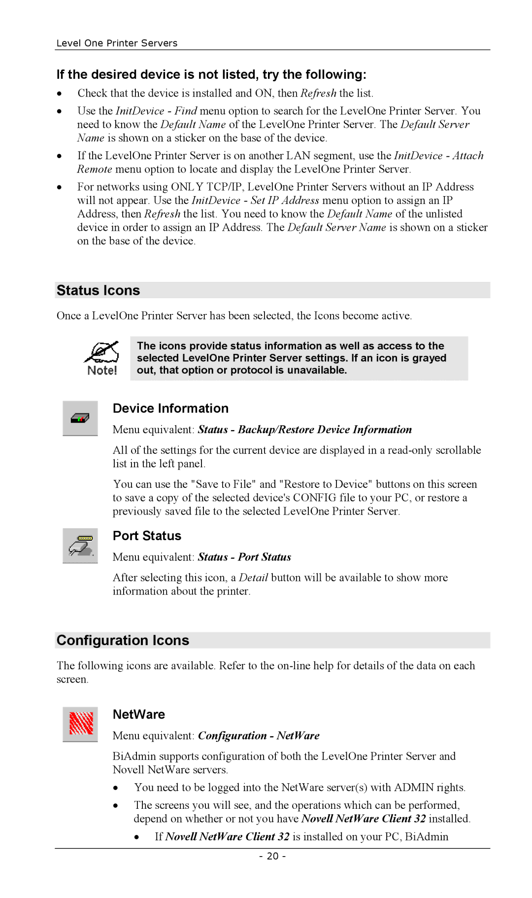 LevelOne EPS-3001TU, FPS-2003TXU, FPS-2111TXU, FPS-2101USB, FPS-2013TXU, FPS-2101TXU manual Status Icons, Configuration Icons 