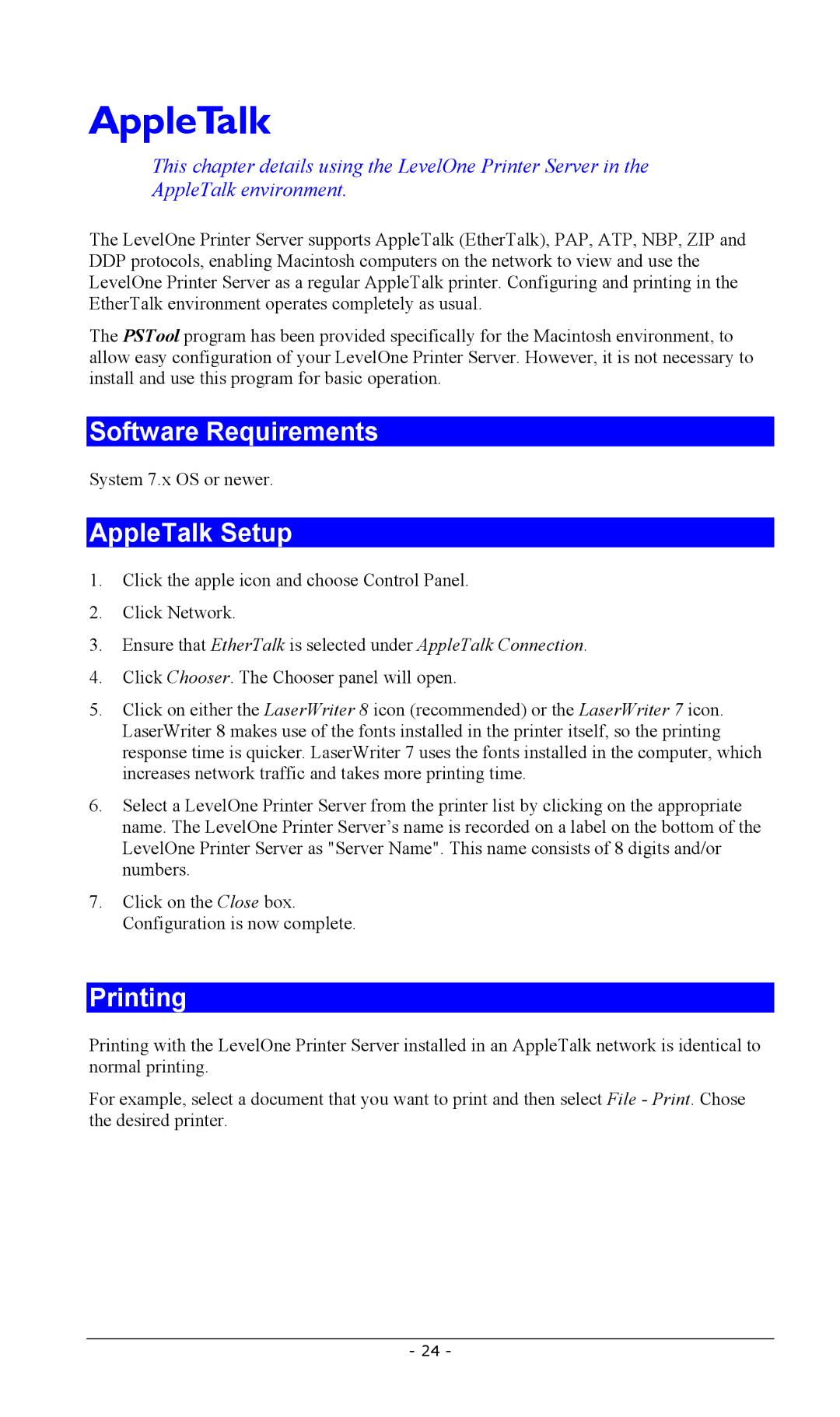 LevelOne FPS-2013TXU, FPS-2003TXU, FPS-2111TXU, FPS-2101USB, FPS-2101TXU Software Requirements, AppleTalk Setup, Printing 