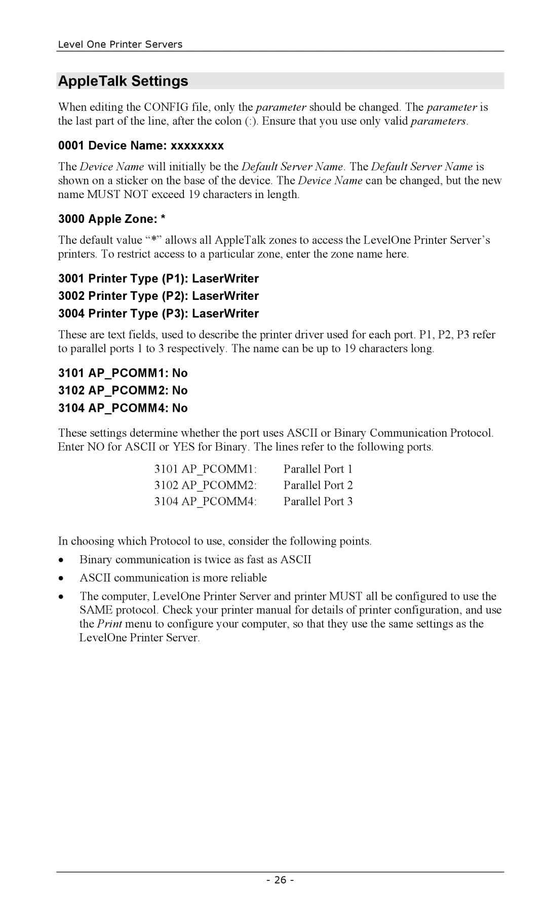 LevelOne EPS-3001TU, FPS-2003TXU manual AppleTalk Settings, Device Name, Apple Zone, APPCOMM1 No APPCOMM2 No APPCOMM4 No 