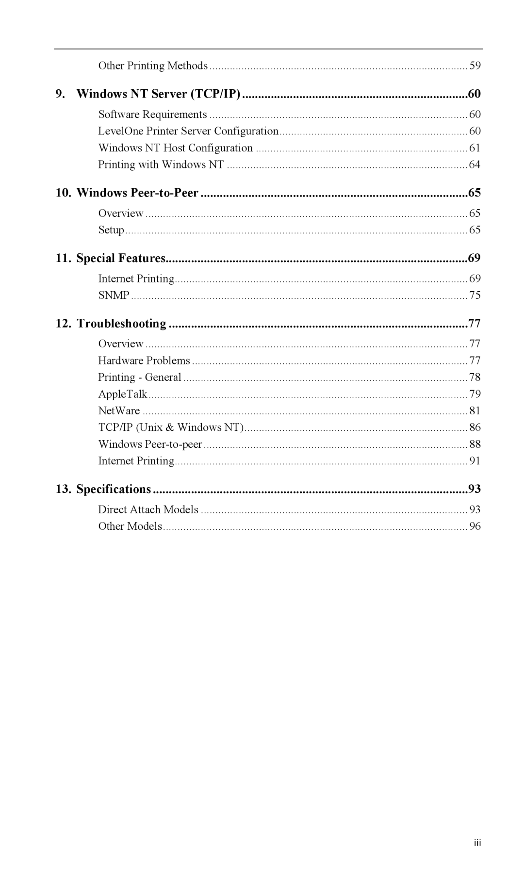 LevelOne FPS-2013TXU Windows NT Server TCP/IP, Windows Peer-to-Peer, Special Features, Troubleshooting, Specifications 