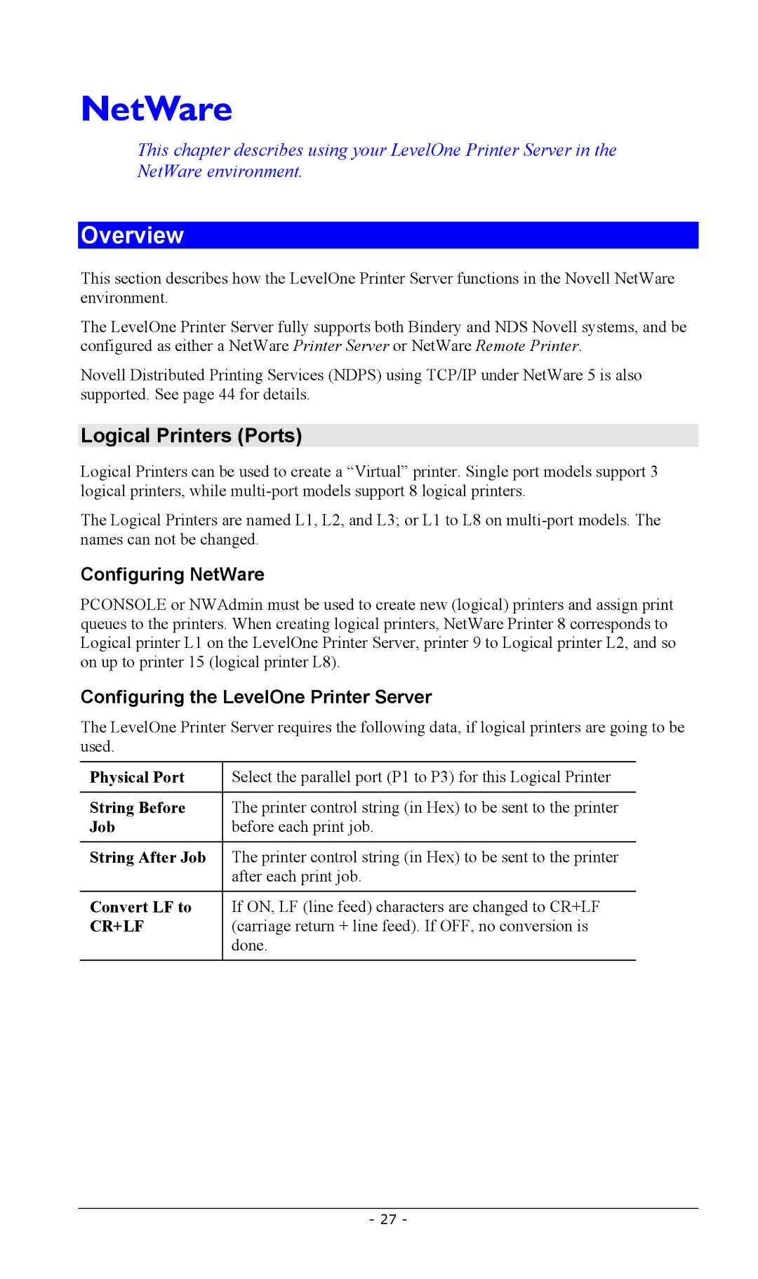 LevelOne FPS-2003TXU Overview, Logical Printers Ports, Configuring NetWare, Configuring the LevelOne Printer Server 