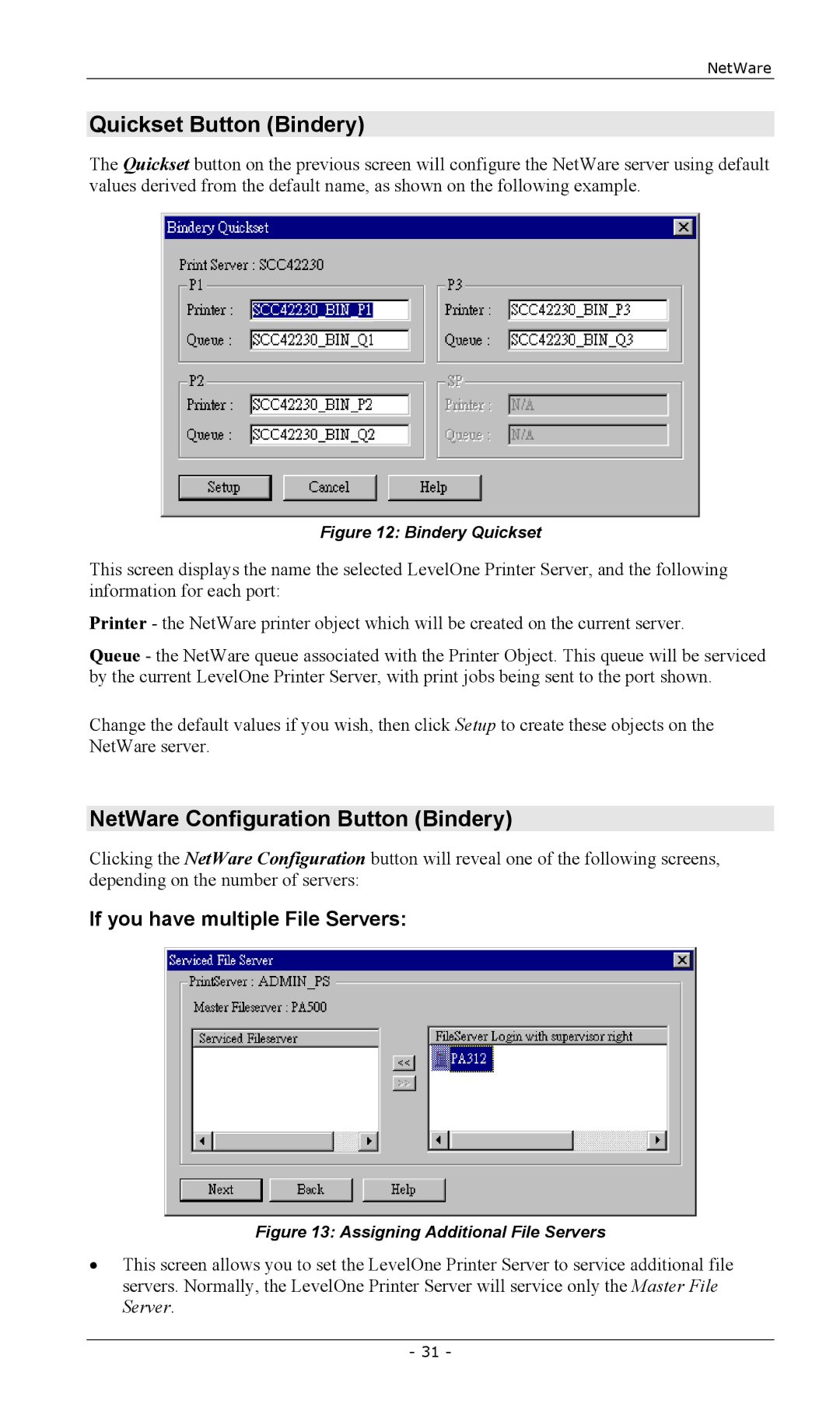 LevelOne FPS-2101TXU Quickset Button Bindery, NetWare Configuration Button Bindery, If you have multiple File Servers 