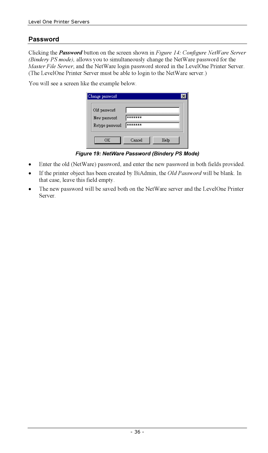 LevelOne FPS-2013TXU, FPS-2003TXU, FPS-2111TXU, FPS-2101USB, FPS-2101TXU, EPS-3001TU manual NetWare Password Bindery PS Mode 