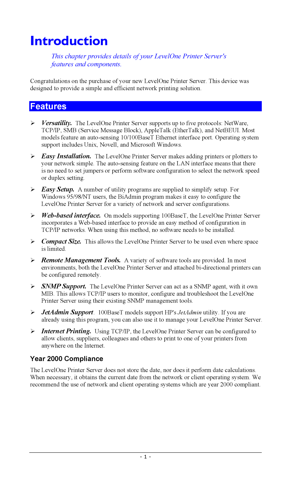 LevelOne FPS-2101TXU, FPS-2003TXU, FPS-2111TXU, FPS-2101USB, FPS-2013TXU manual Introduction, Features, Year 2000 Compliance 