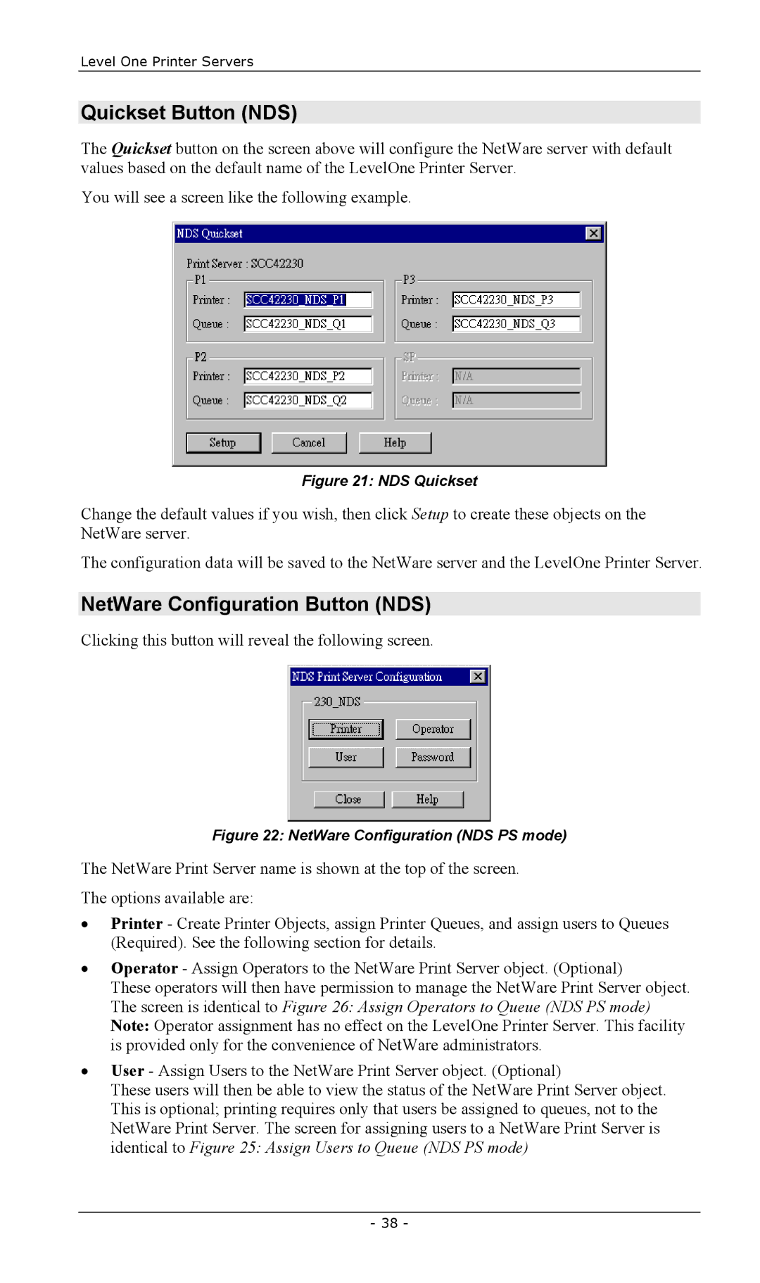 LevelOne EPS-3001TU, FPS-2003TXU, FPS-2111TXU, FPS-2101USB, FPS-2013TXU Quickset Button NDS, NetWare Configuration Button NDS 