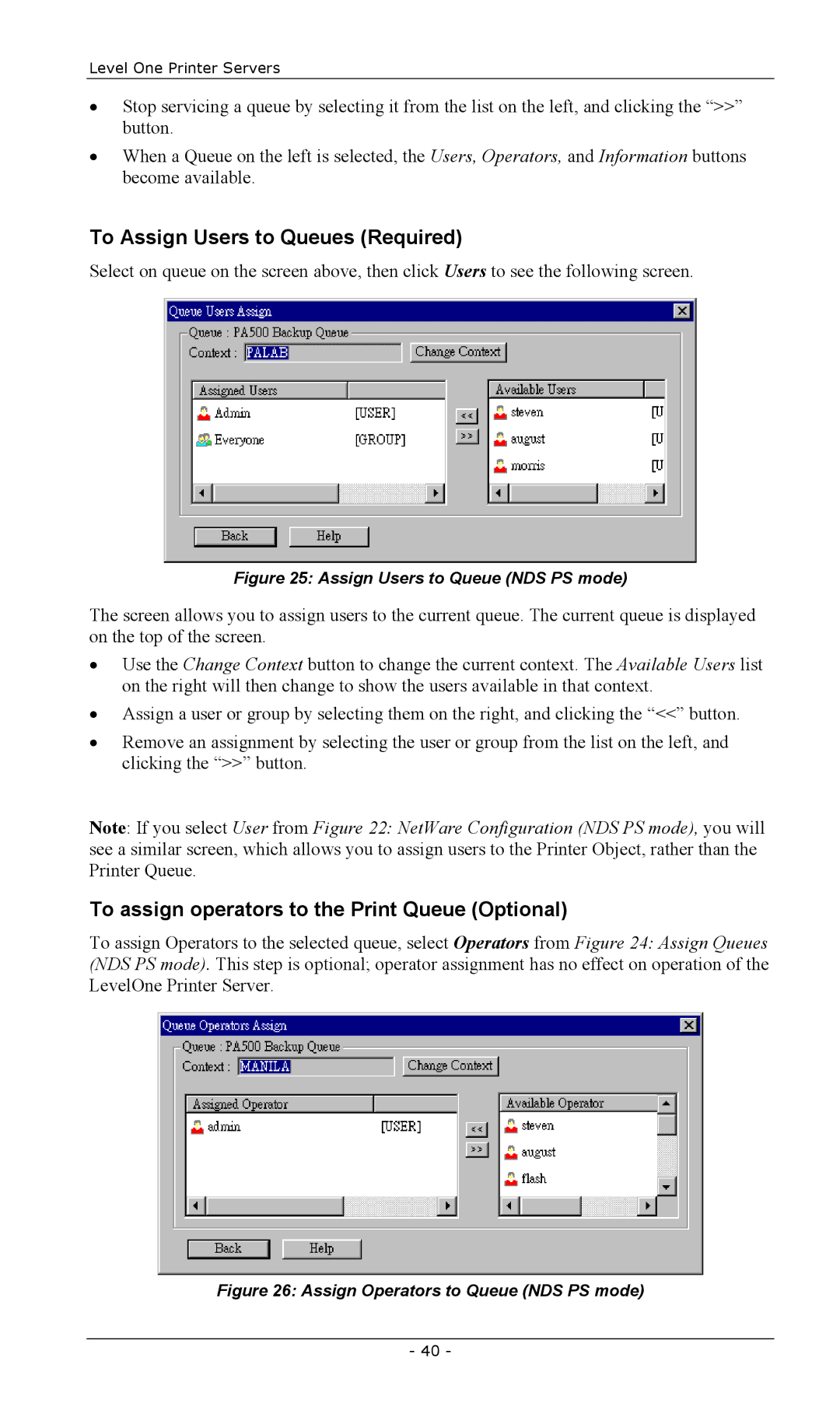 LevelOne FPS-2111TXU, FPS-2003TXU manual To assign operators to the Print Queue Optional, Assign Users to Queue NDS PS mode 