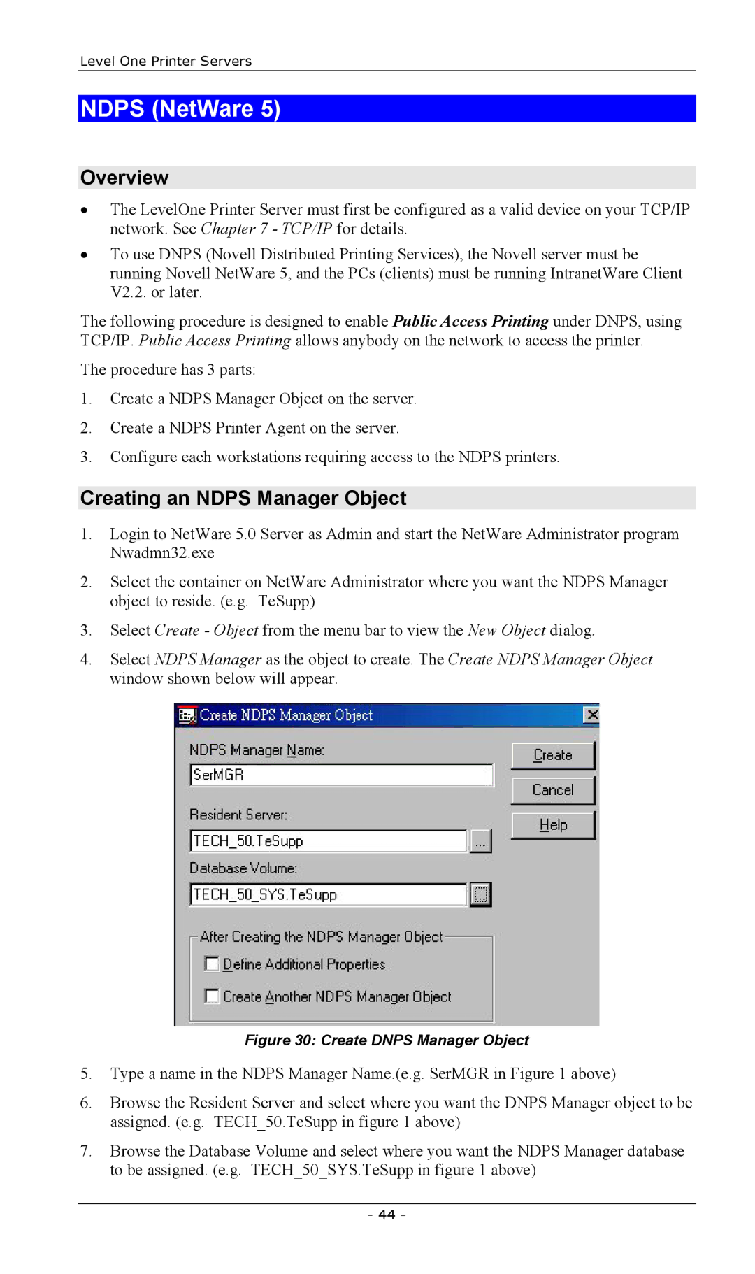 LevelOne EPS-3001TU, FPS-2003TXU, FPS-2111TXU, FPS-2101USB manual Ndps NetWare, Overview, Creating an Ndps Manager Object 