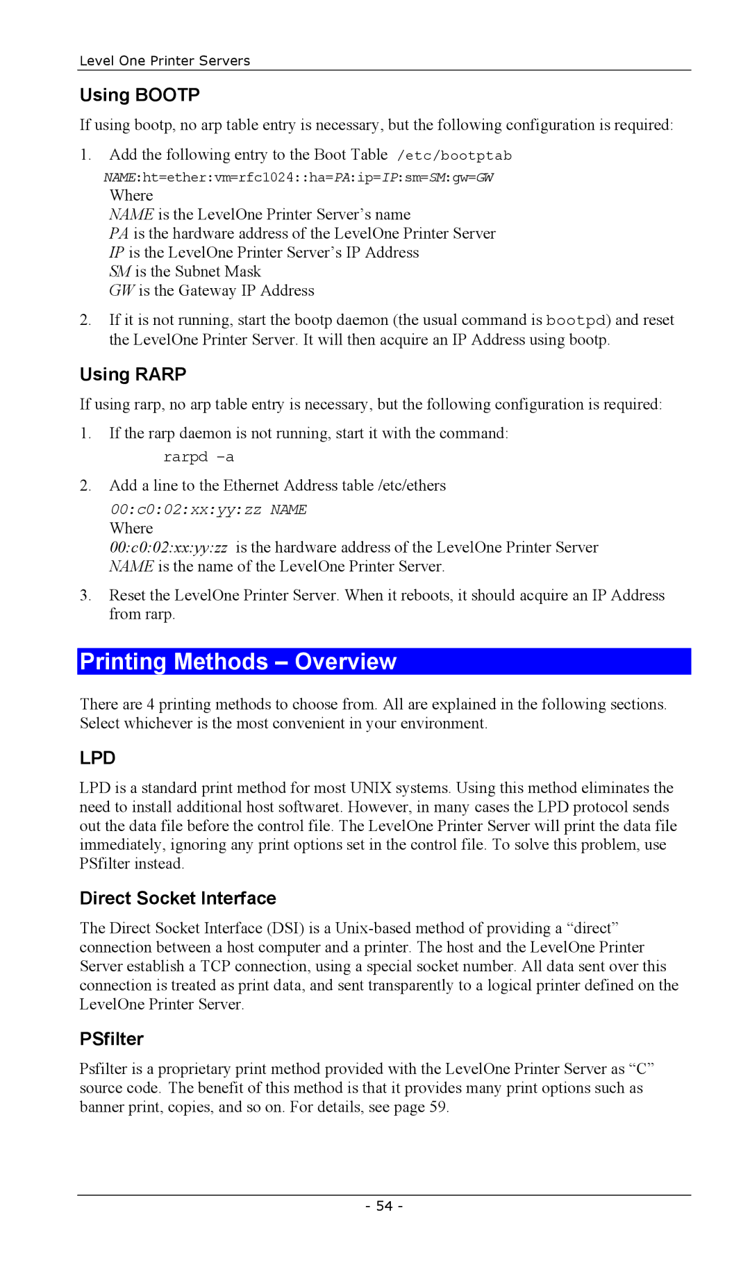 LevelOne FPS-2013TXU, FPS-2003TXU Printing Methods Overview, Using Bootp, Using Rarp, Direct Socket Interface, PSfilter 