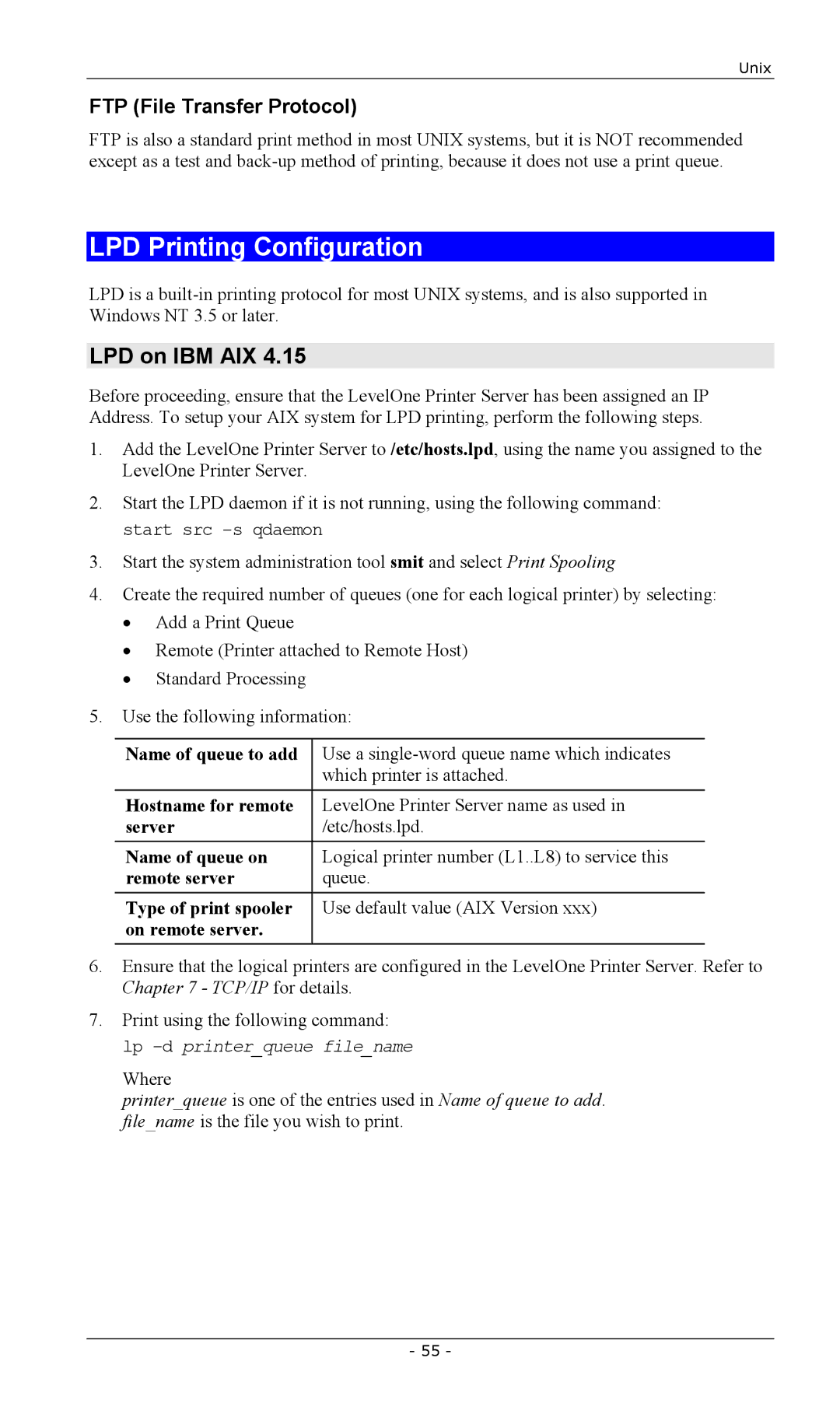 LevelOne FPS-2101TXU, FPS-2003TXU, FPS-2111TXU manual LPD Printing Configuration, LPD on IBM AIX, FTP File Transfer Protocol 