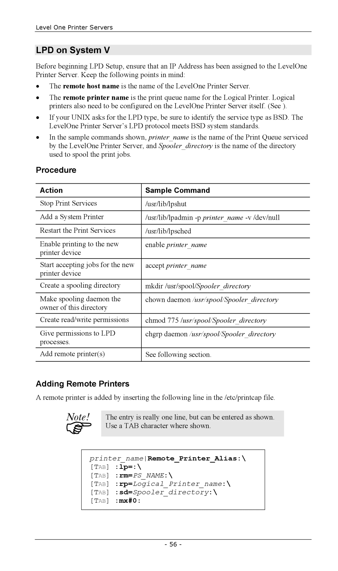 LevelOne EPS-3001TU, FPS-2003TXU, FPS-2111TXU, FPS-2101USB manual LPD on System, Adding Remote Printers, Action Sample Command 