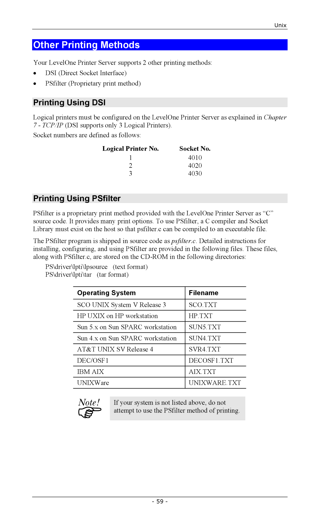 LevelOne FPS-2101USB Other Printing Methods, Printing Using DSI, Printing Using PSfilter, Logical Printer No Socket No 