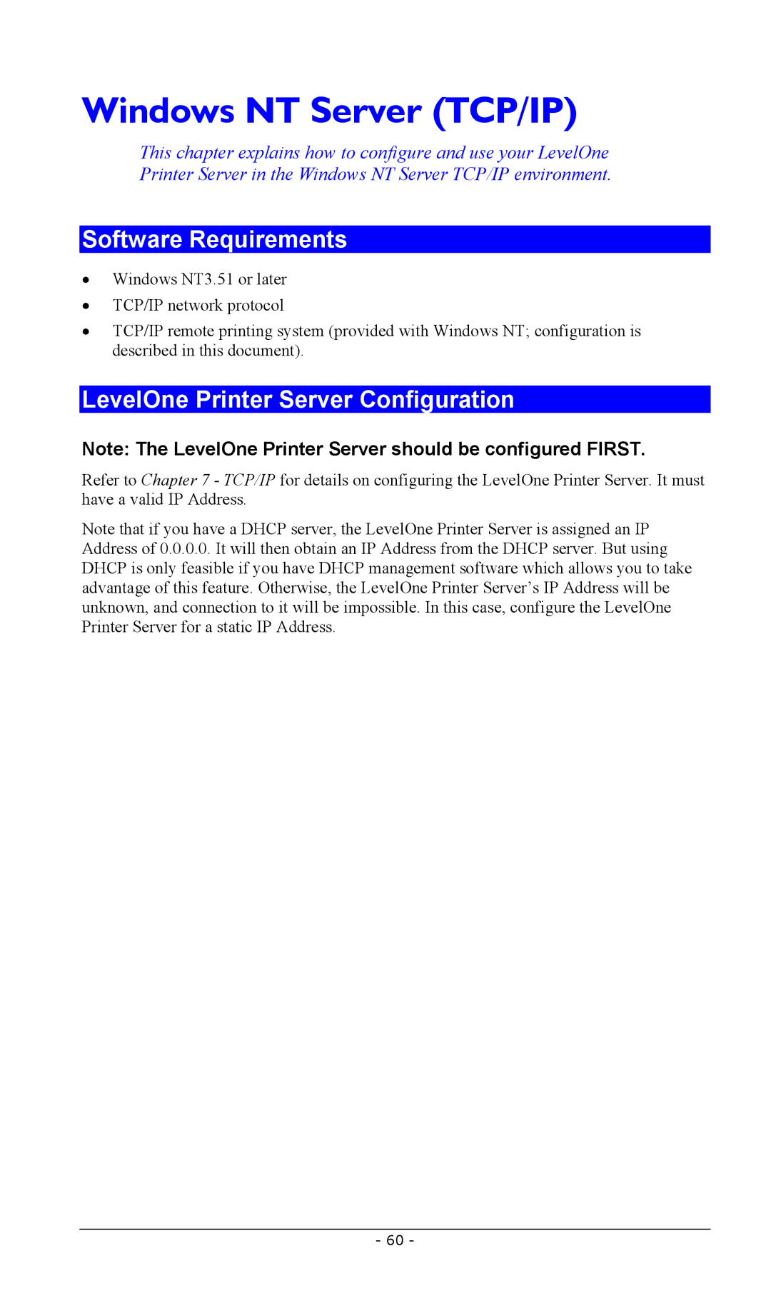 LevelOne FPS-2013TXU, FPS-2003TXU, FPS-2111TXU, FPS-2101USB Windows NT Server TCP/IP, LevelOne Printer Server Configuration 