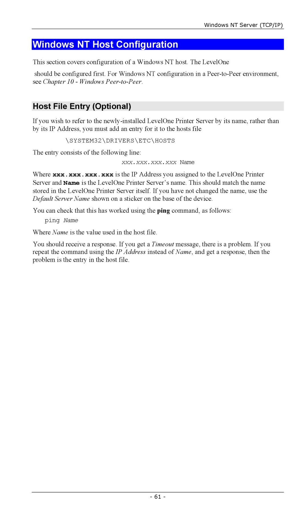 LevelOne FPS-2101TXU, FPS-2003TXU, FPS-2111TXU, FPS-2101USB manual Windows NT Host Configuration, Host File Entry Optional 