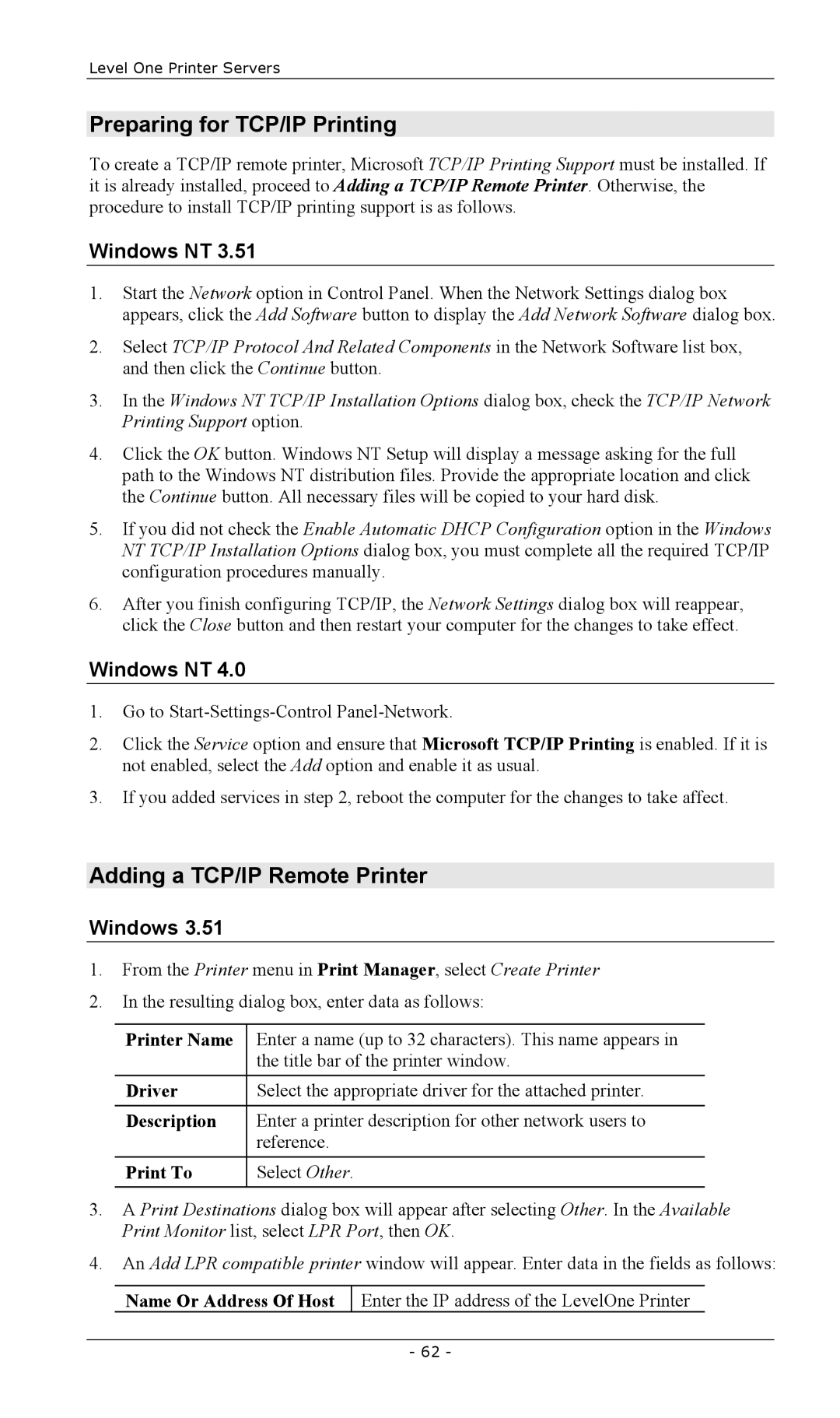 LevelOne EPS-3001TU, FPS-2003TXU, FPS-2111TXU Preparing for TCP/IP Printing, Adding a TCP/IP Remote Printer, Windows NT 