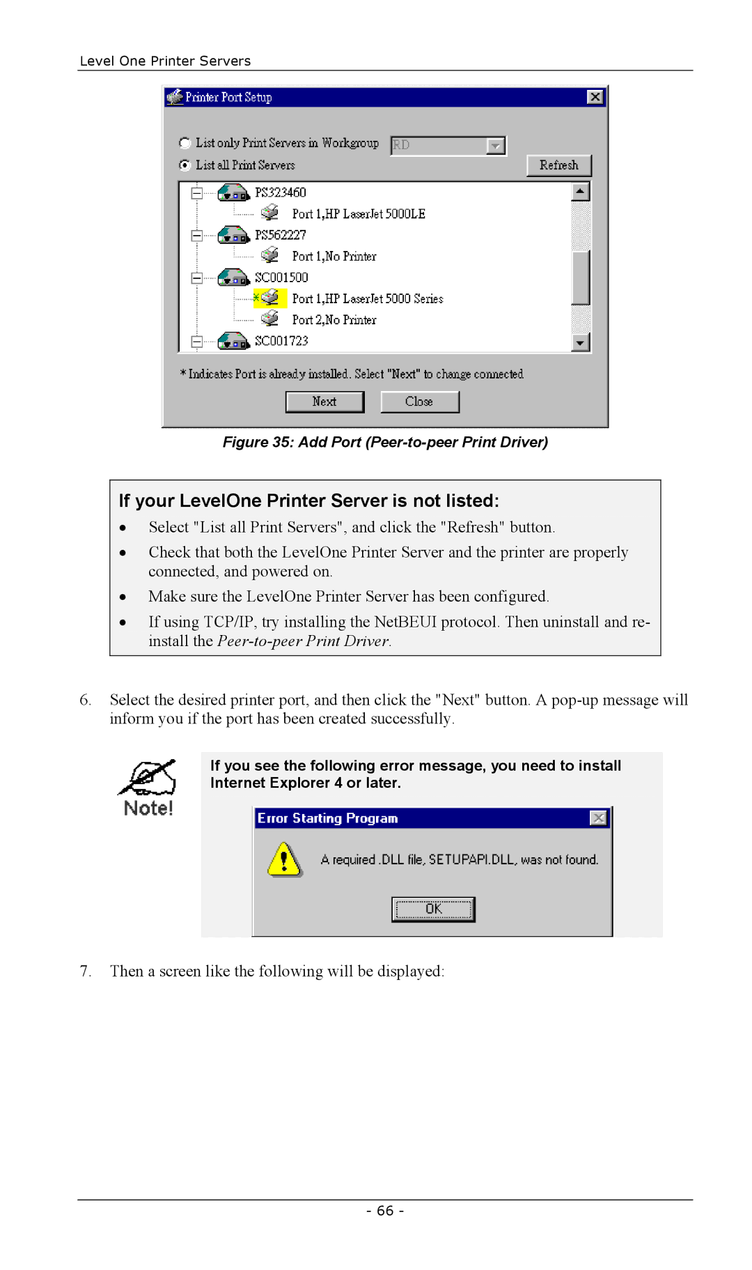 LevelOne FPS-2013TXU, FPS-2003TXU manual If your LevelOne Printer Server is not listed, Add Port Peer-to-peer Print Driver 