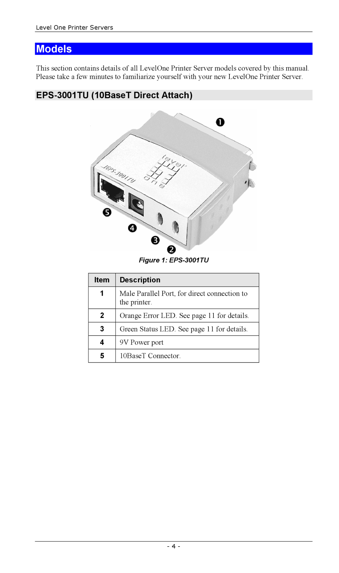 LevelOne FPS-2111TXU, FPS-2003TXU, FPS-2101USB, FPS-2013TXU manual Models, EPS-3001TU 10BaseT Direct Attach, Description 