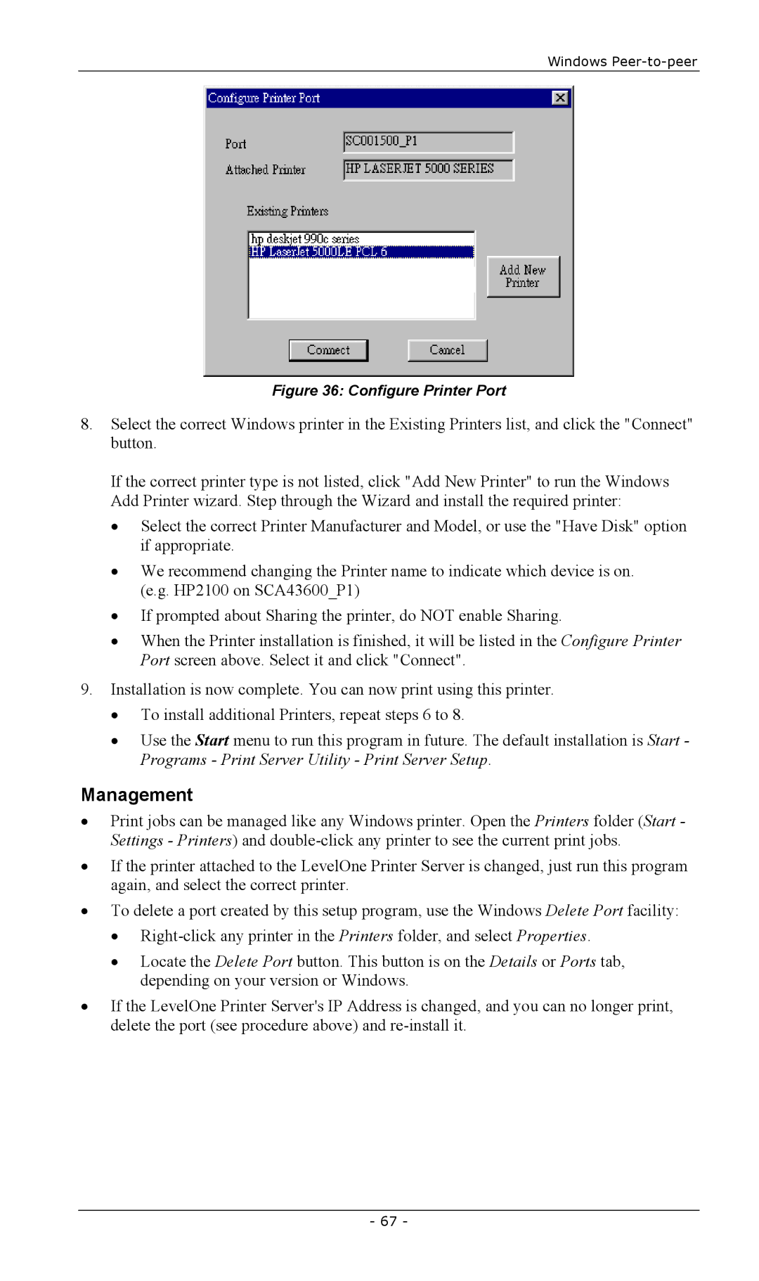 LevelOne FPS-2101TXU, FPS-2003TXU, FPS-2111TXU, FPS-2101USB, FPS-2013TXU, EPS-3001TU manual Management, Configure Printer Port 