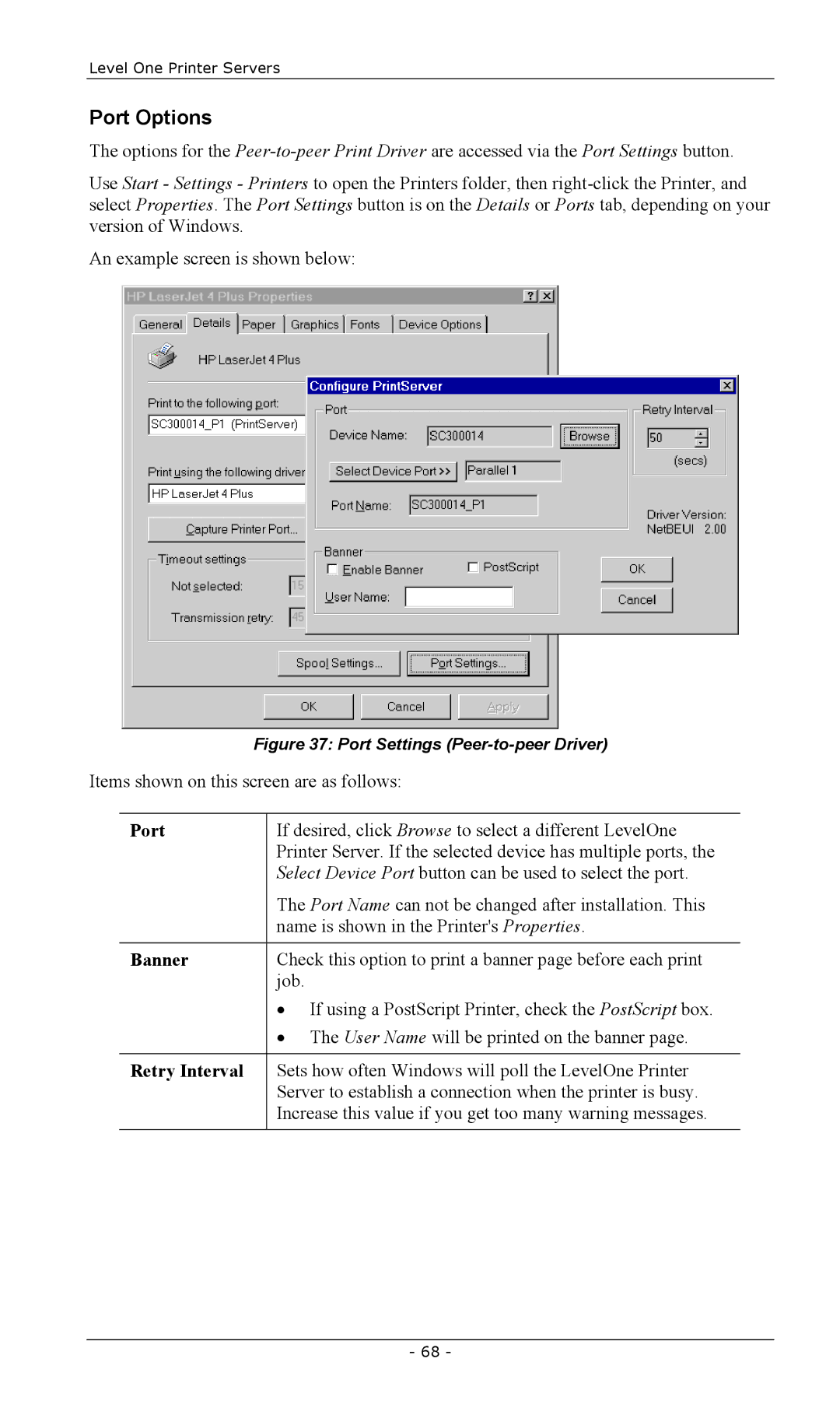 LevelOne EPS-3001TU, FPS-2003TXU, FPS-2111TXU, FPS-2101USB, FPS-2013TXU, FPS-2101TXU manual Port Options, Banner, Retry Interval 