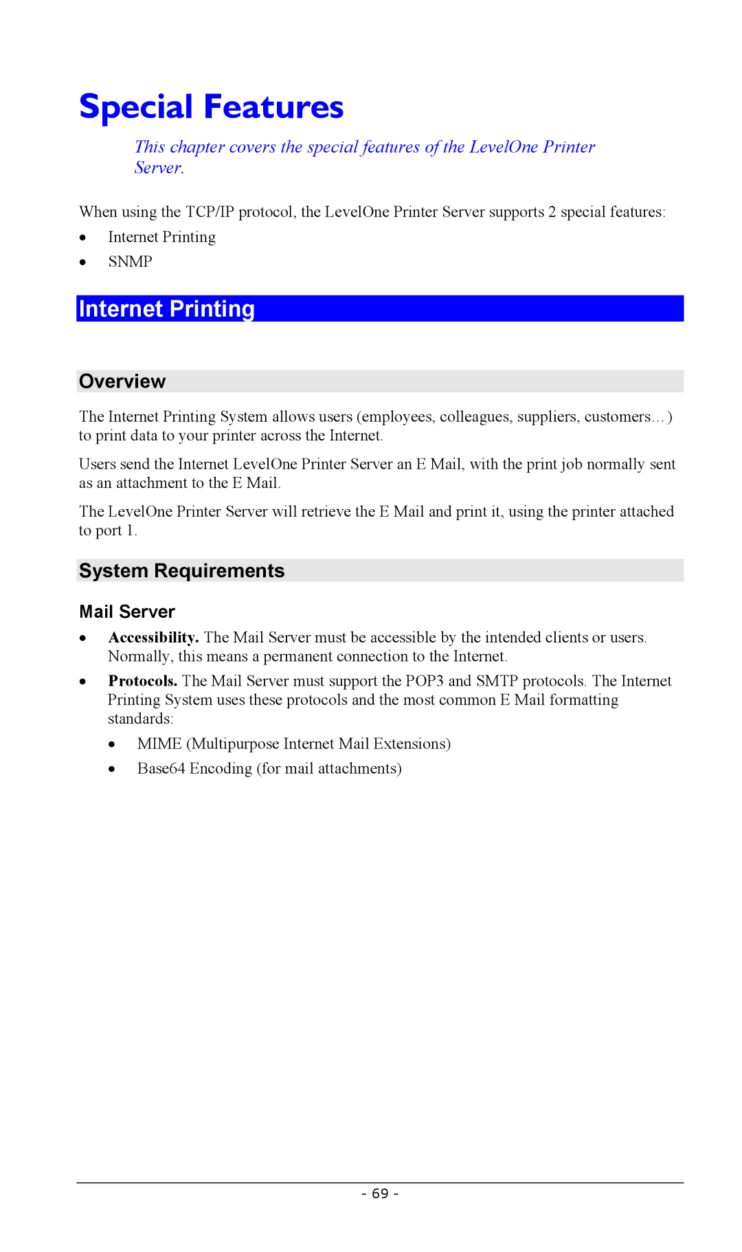 LevelOne FPS-2003TXU, FPS-2111TXU, FPS-2101USB manual Special Features, Internet Printing, System Requirements, Mail Server 