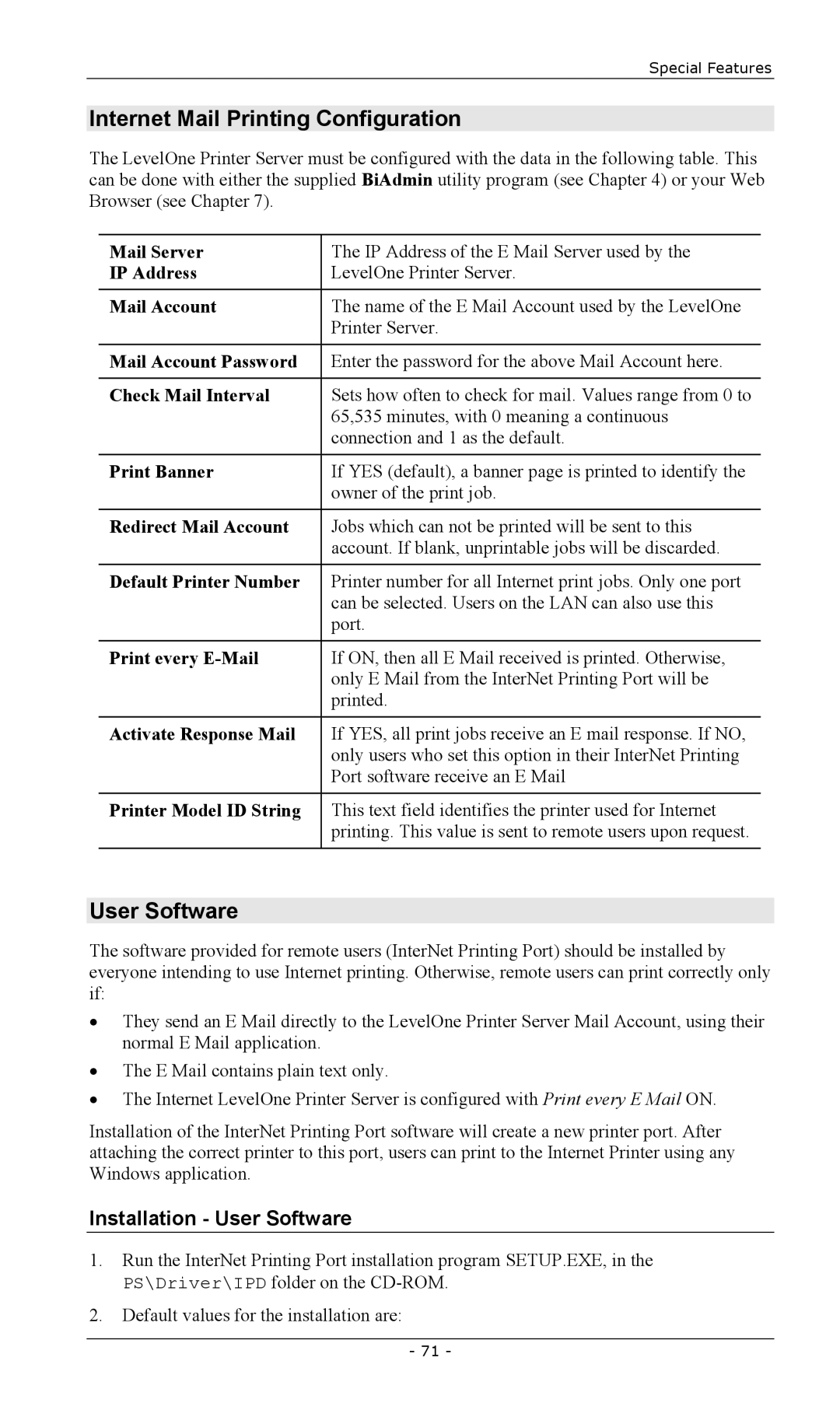 LevelOne FPS-2101USB, FPS-2003TXU, FPS-2111TXU manual Internet Mail Printing Configuration, Installation User Software 