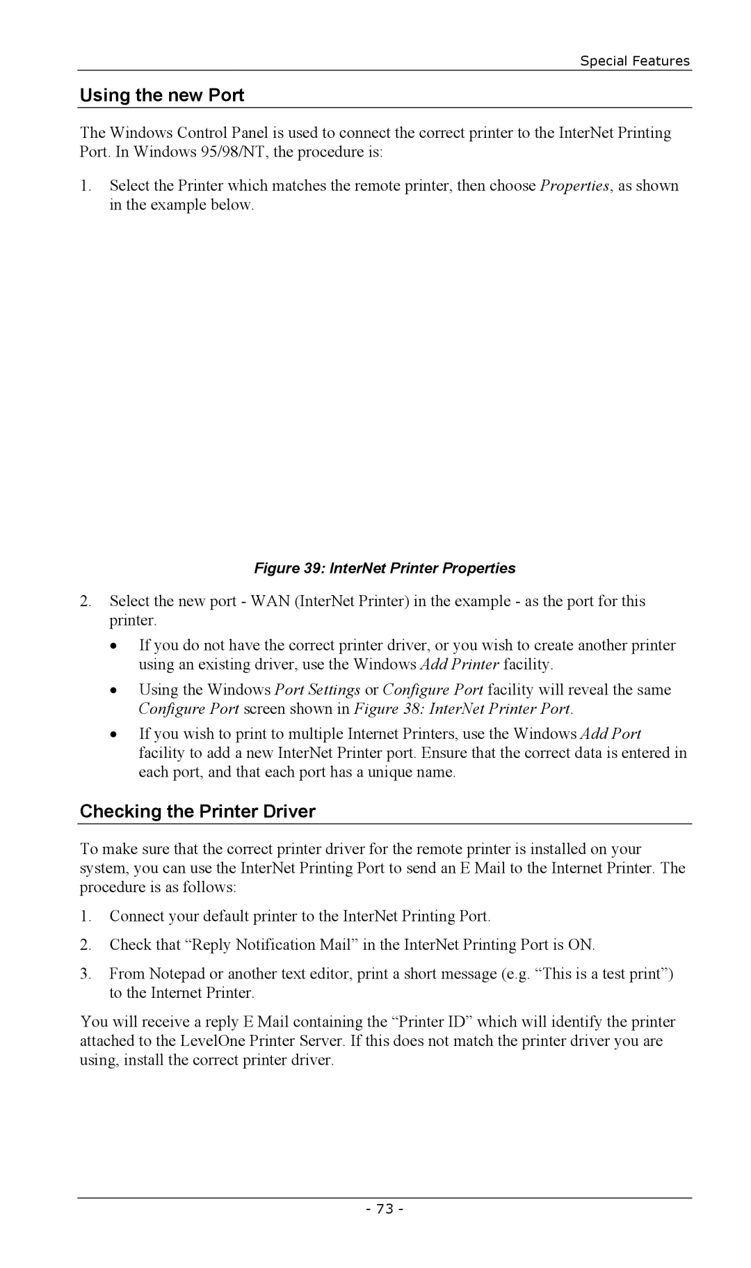 LevelOne FPS-2101TXU, FPS-2003TXU, FPS-2111TXU, FPS-2101USB, FPS-2013TXU manual Using the new Port, Checking the Printer Driver 