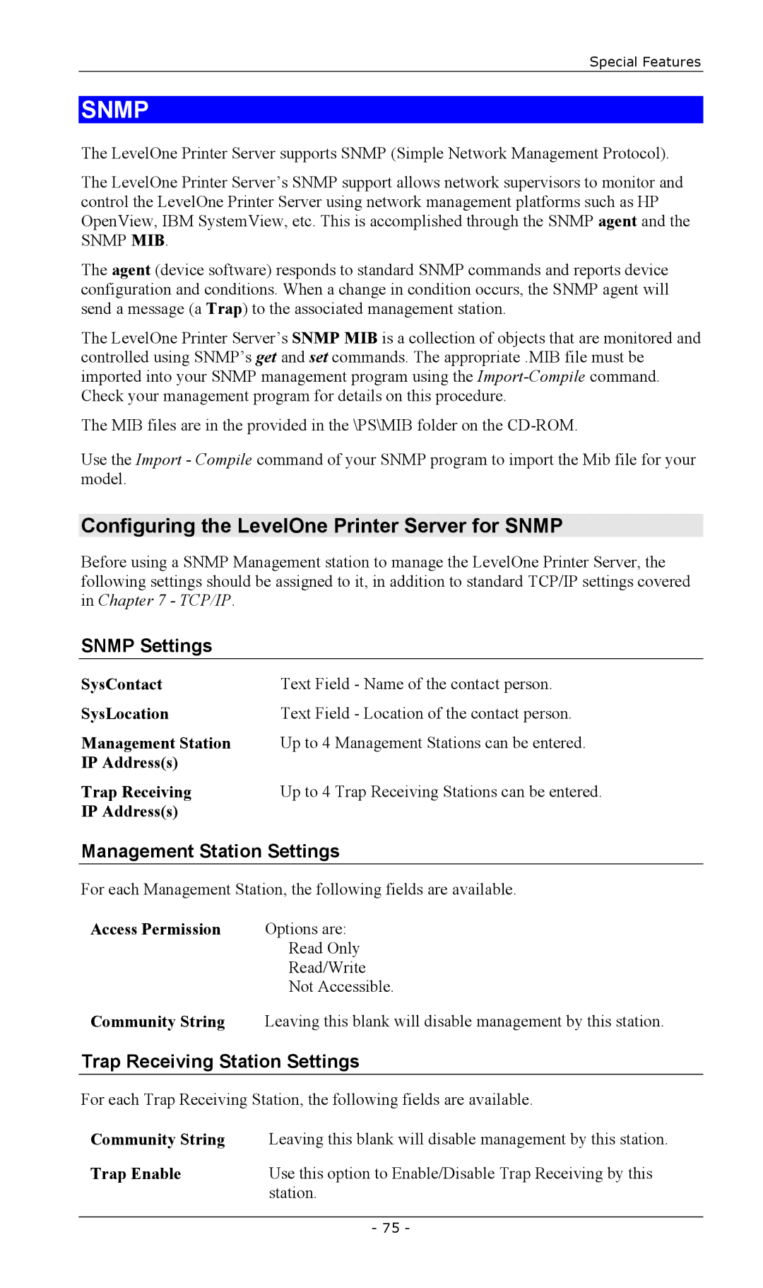 LevelOne FPS-2003TXU manual Configuring the LevelOne Printer Server for Snmp, Snmp Settings, Management Station Settings 