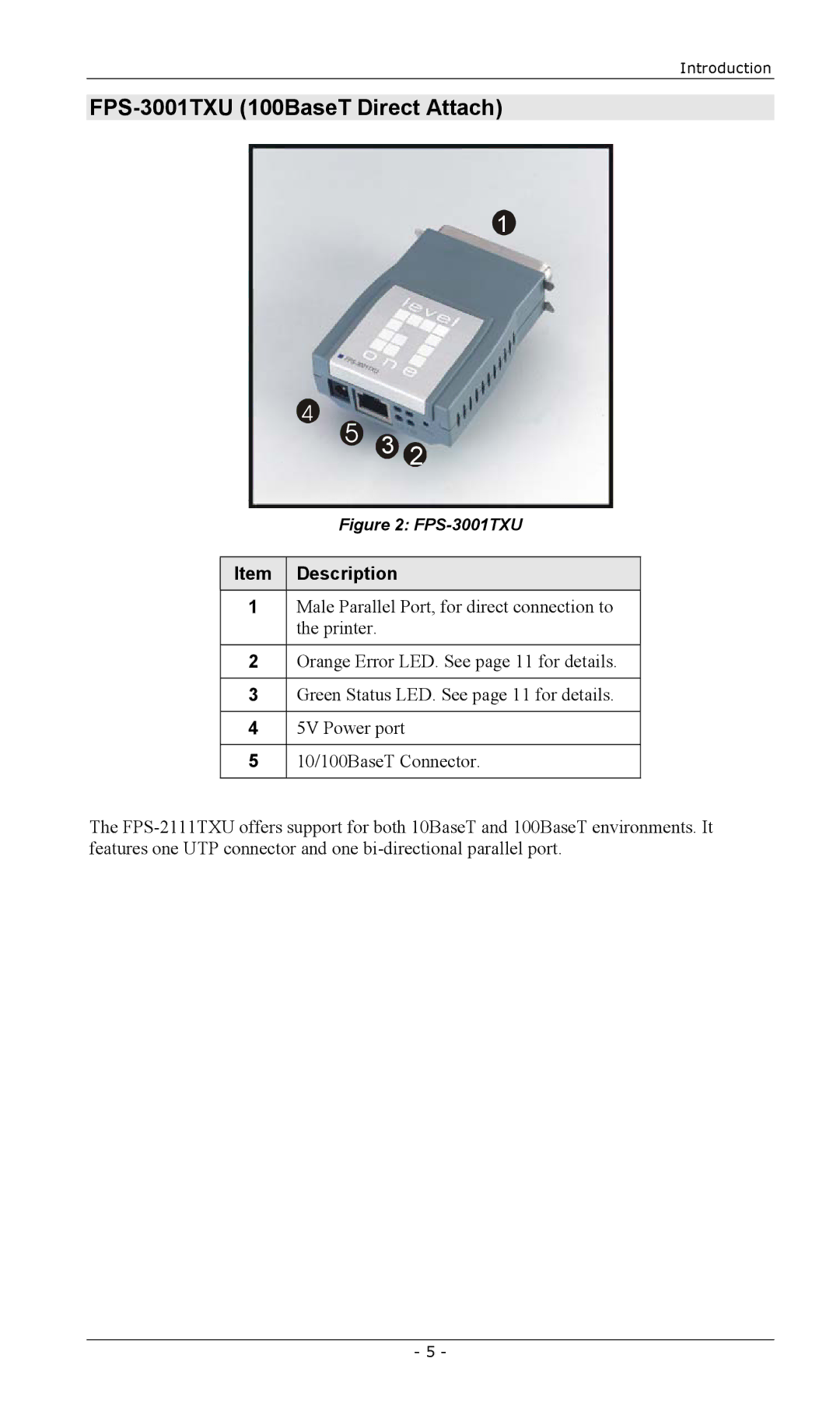 LevelOne FPS-2101USB, FPS-2003TXU, FPS-2111TXU, FPS-2013TXU, FPS-2101TXU FPS-3001TXU 100BaseT Direct Attach, Item Description 