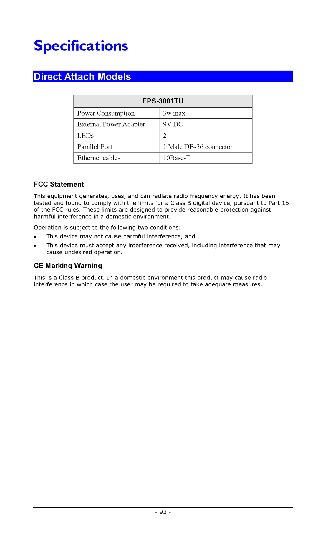 LevelOne FPS-2003TXU, FPS-2111TXU manual Specifications, Direct Attach Models, EPS-3001TU, FCC Statement, CE Marking Warning 