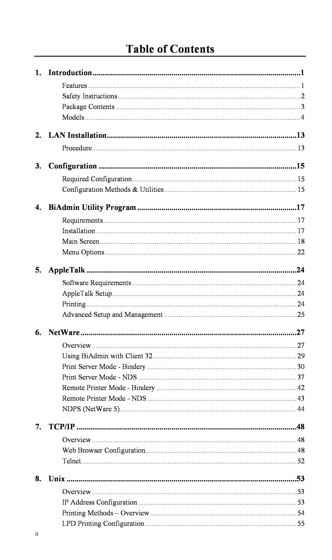 LevelOne FPS-2101USB Table of Contents, Introduction, LAN Installation, Configuration, BiAdmin Utility Program, AppleTalk 