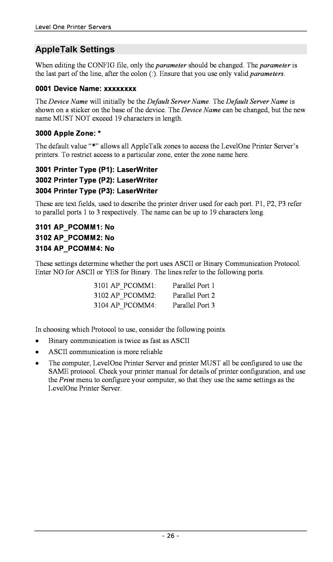 LevelOne EPS-3001TU, FPS-2003TXU, FPS-2111TXU manual AppleTalk Settings, Device Name, Apple Zone, Printer Type P3 LaserWriter 