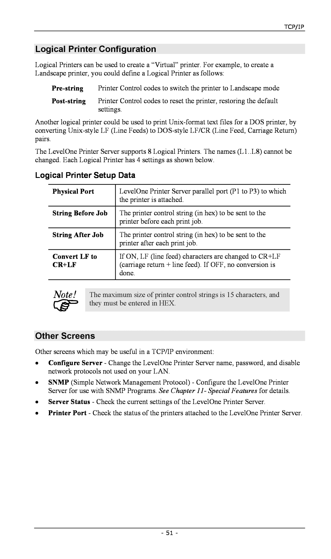 LevelOne FPS-2003TXU, FPS-2111TXU, FPS-2101USB Logical Printer Configuration, Other Screens, Logical Printer Setup Data 