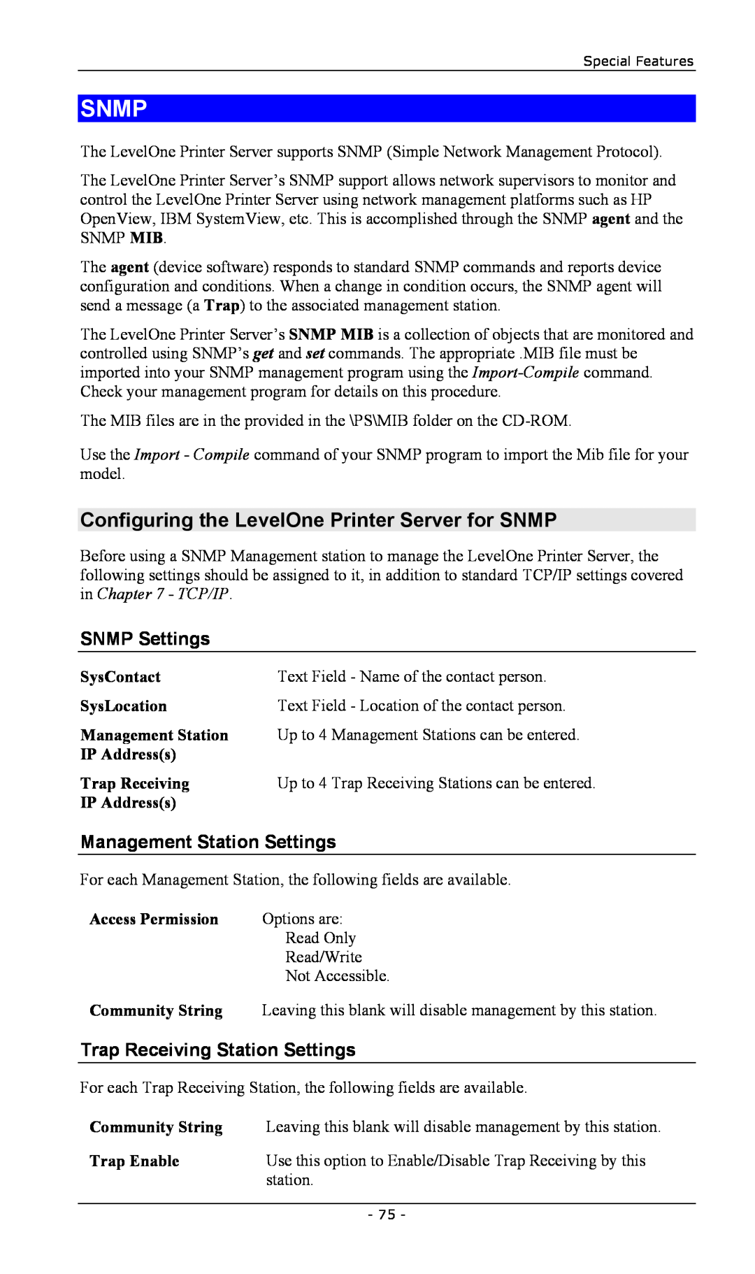LevelOne FPS-2003TXU Snmp, Configuring the LevelOne Printer Server for SNMP, SNMP Settings, Management Station Settings 
