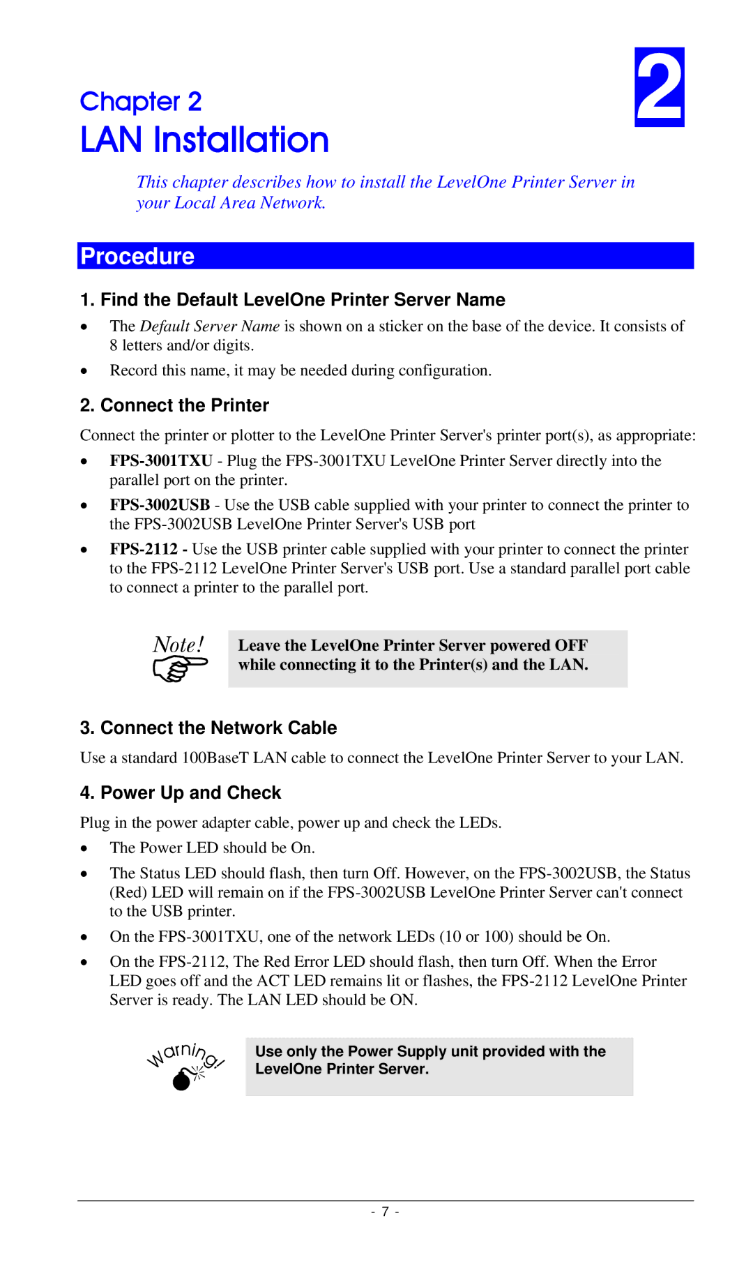 LevelOne FPS-3001TXU, FPS-2112, FPS-3002USB manual LAN Installation, Procedure 