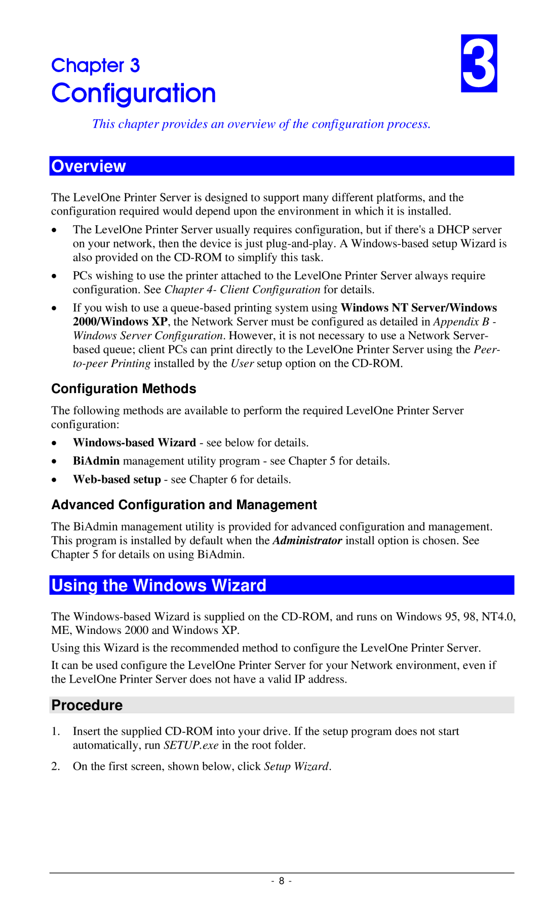 LevelOne FPS-3002USB, FPS-2112, FPS-3001TXU manual Configuration, Overview, Using the Windows Wizard, Procedure 