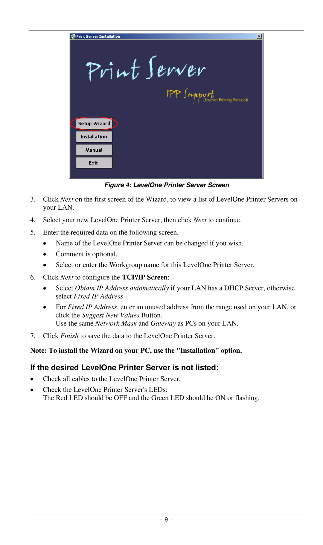 LevelOne FPS-2112, FPS-3001TXU manual If the desired LevelOne Printer Server is not listed, LevelOne Printer Server Screen 