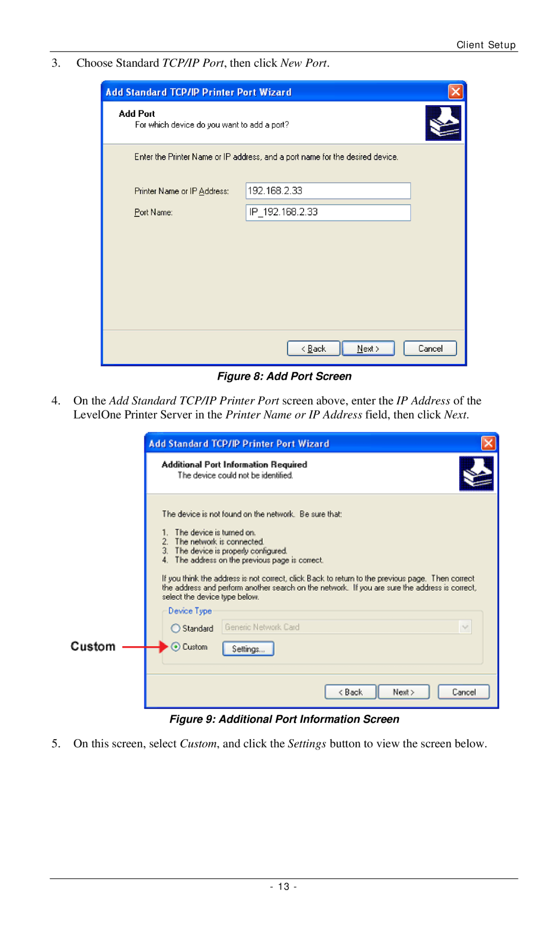 LevelOne FPS-3001TXU, FPS-2112, FPS-3002USB manual Choose Standard TCP/IP Port, then click New Port 