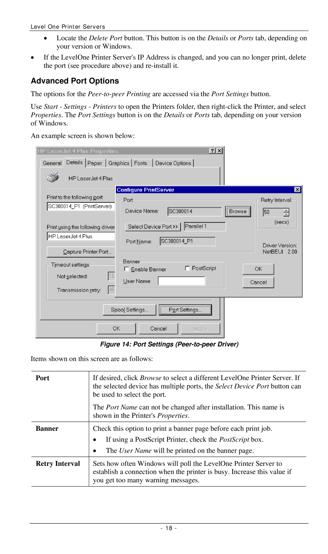 LevelOne FPS-2112, FPS-3001TXU, FPS-3002USB manual Advanced Port Options, Banner, Retry Interval 