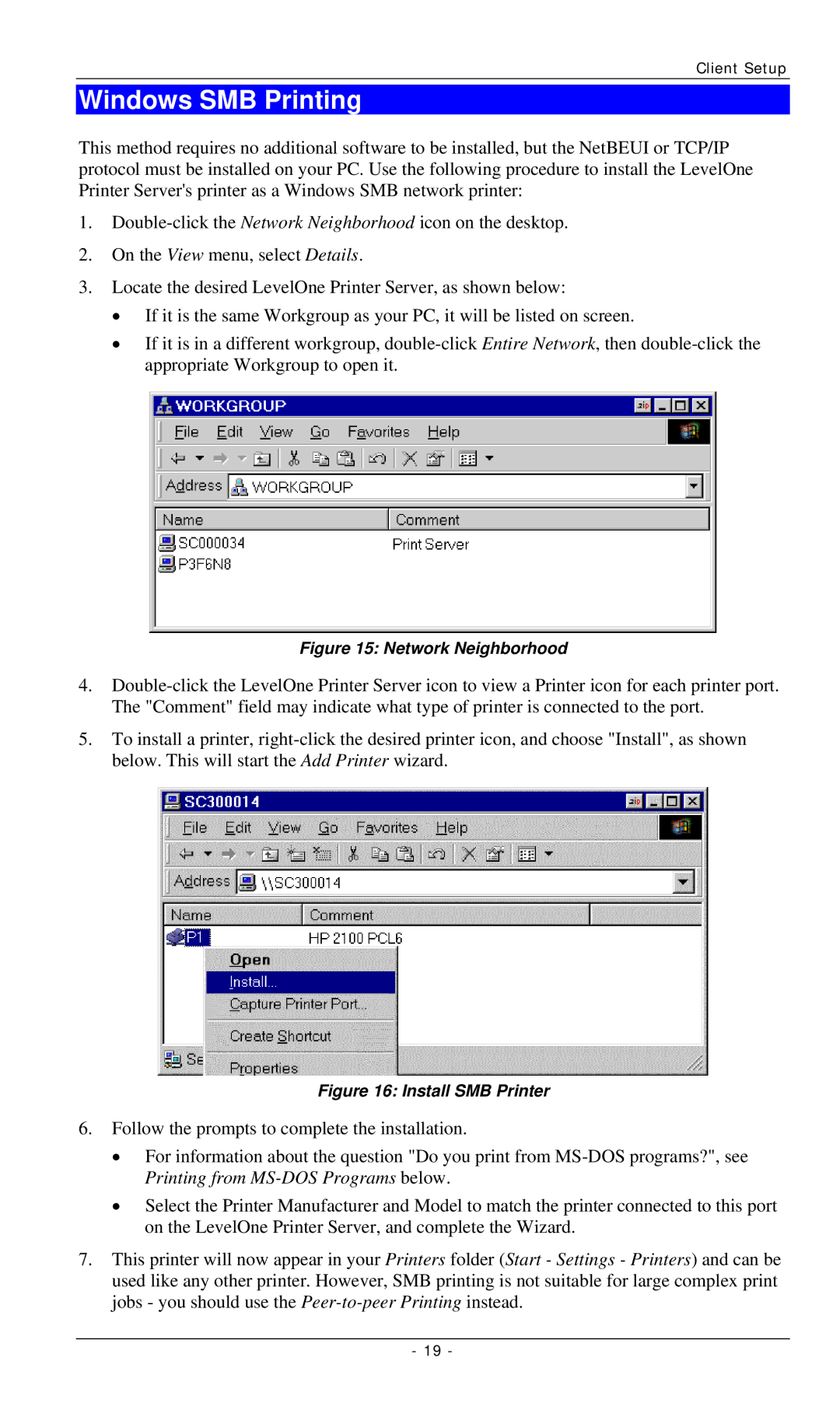 LevelOne FPS-3001TXU, FPS-2112, FPS-3002USB manual Windows SMB Printing, Network Neighborhood 