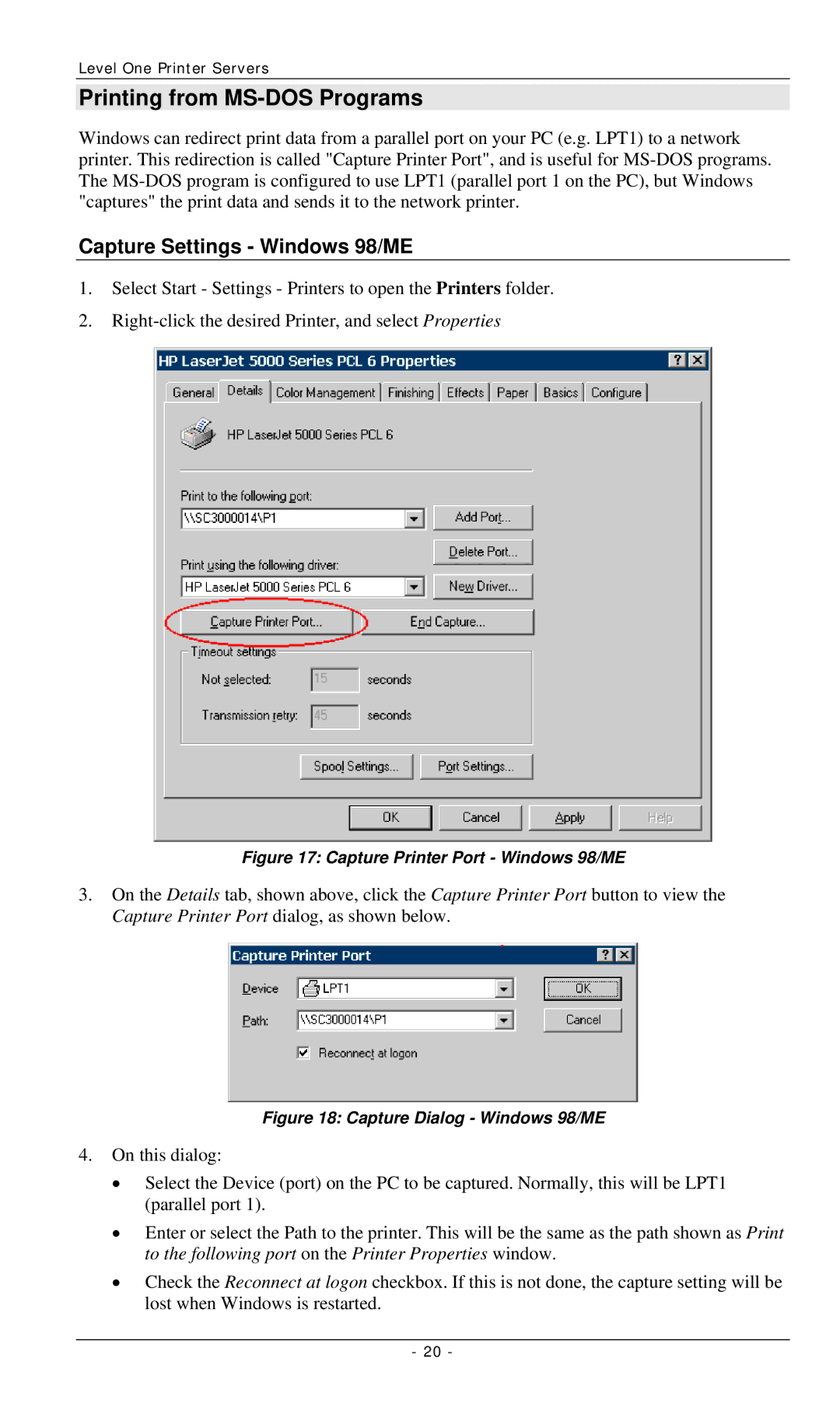 LevelOne FPS-3002USB, FPS-2112, FPS-3001TXU manual Printing from MS-DOS Programs, Capture Settings Windows 98/ME 