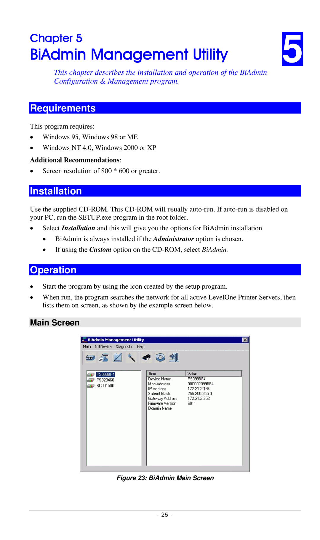 LevelOne FPS-3001TXU, FPS-2112, FPS-3002USB BiAdmin Management Utility, Requirements, Installation, Operation, Main Screen 