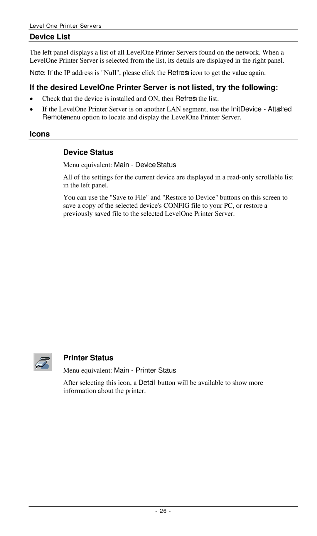 LevelOne FPS-3002USB, FPS-2112, FPS-3001TXU manual Device List, Icons Device Status, Printer Status 