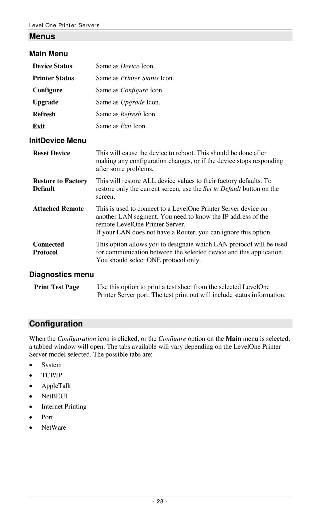 LevelOne FPS-3001TXU, FPS-2112, FPS-3002USB manual Menus, Configuration, Main Menu, InitDevice Menu, Diagnostics menu 