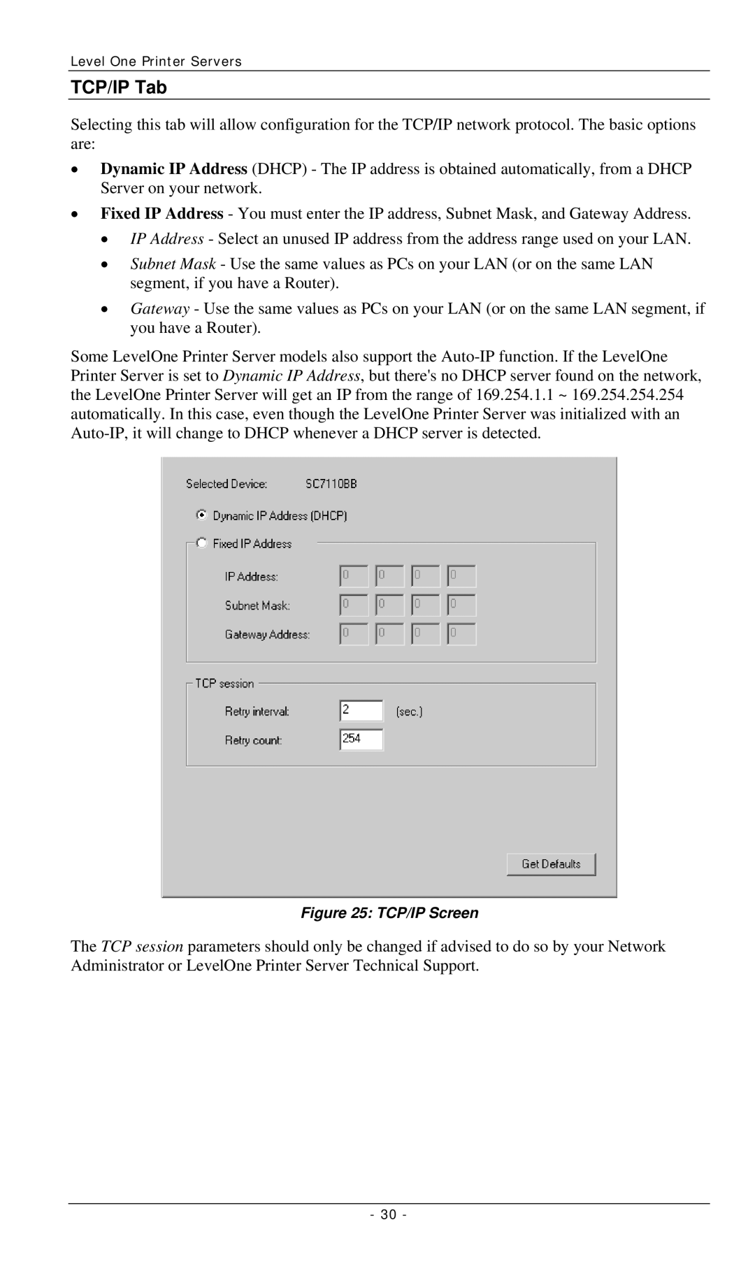 LevelOne FPS-2112, FPS-3001TXU, FPS-3002USB manual TCP/IP Tab, TCP/IP Screen 