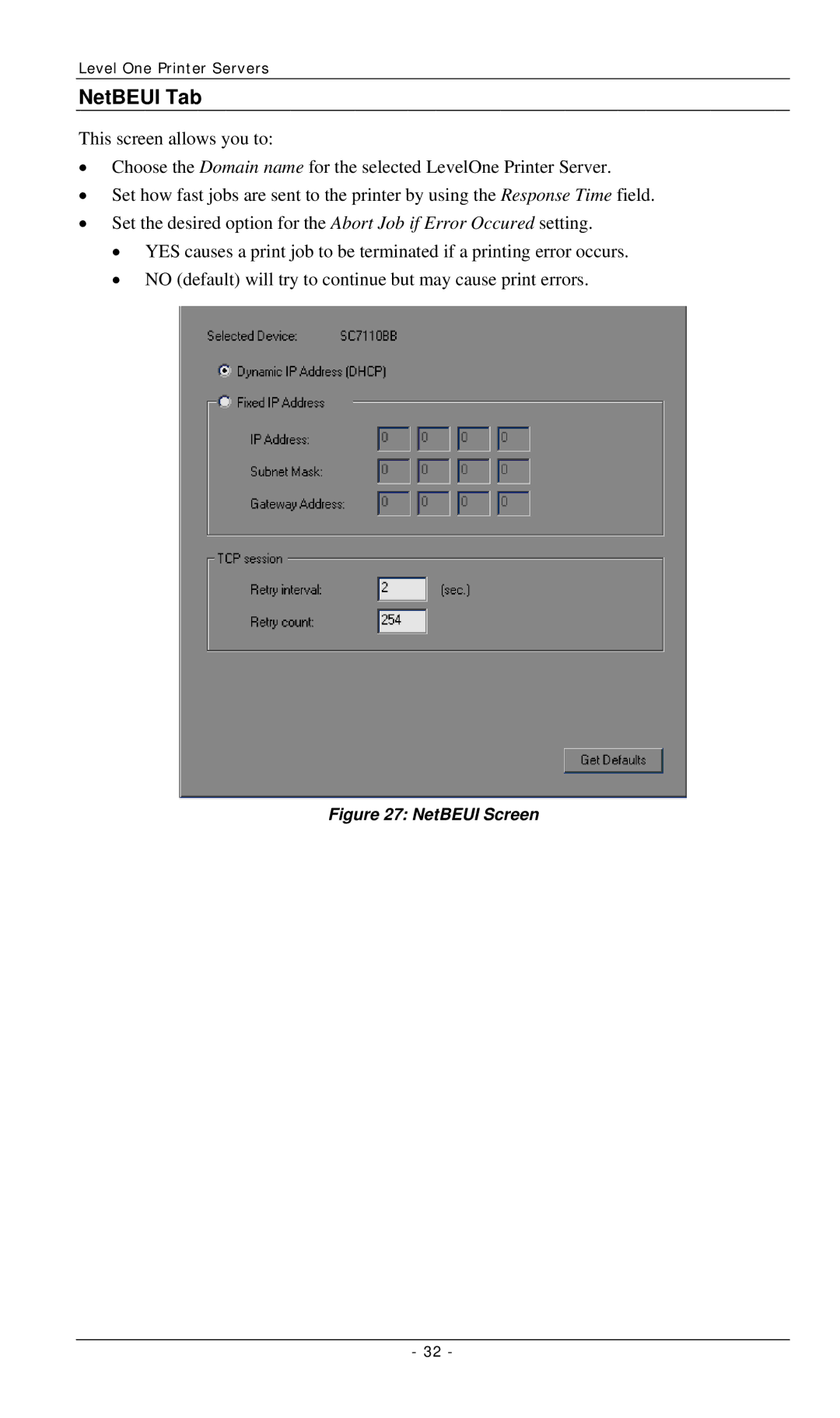 LevelOne FPS-3002USB, FPS-2112, FPS-3001TXU manual NetBEUI Tab, NetBEUI Screen 