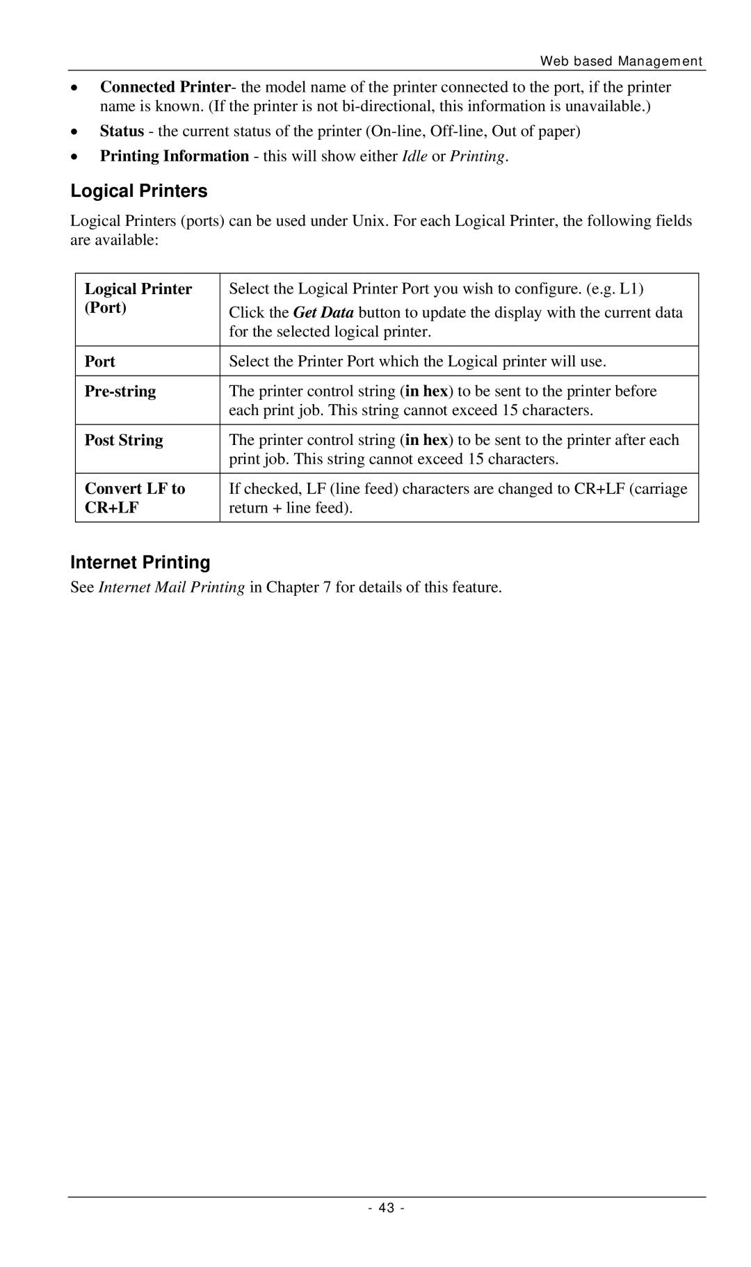 LevelOne FPS-3001TXU, FPS-2112, FPS-3002USB manual Logical Printers, Internet Printing 