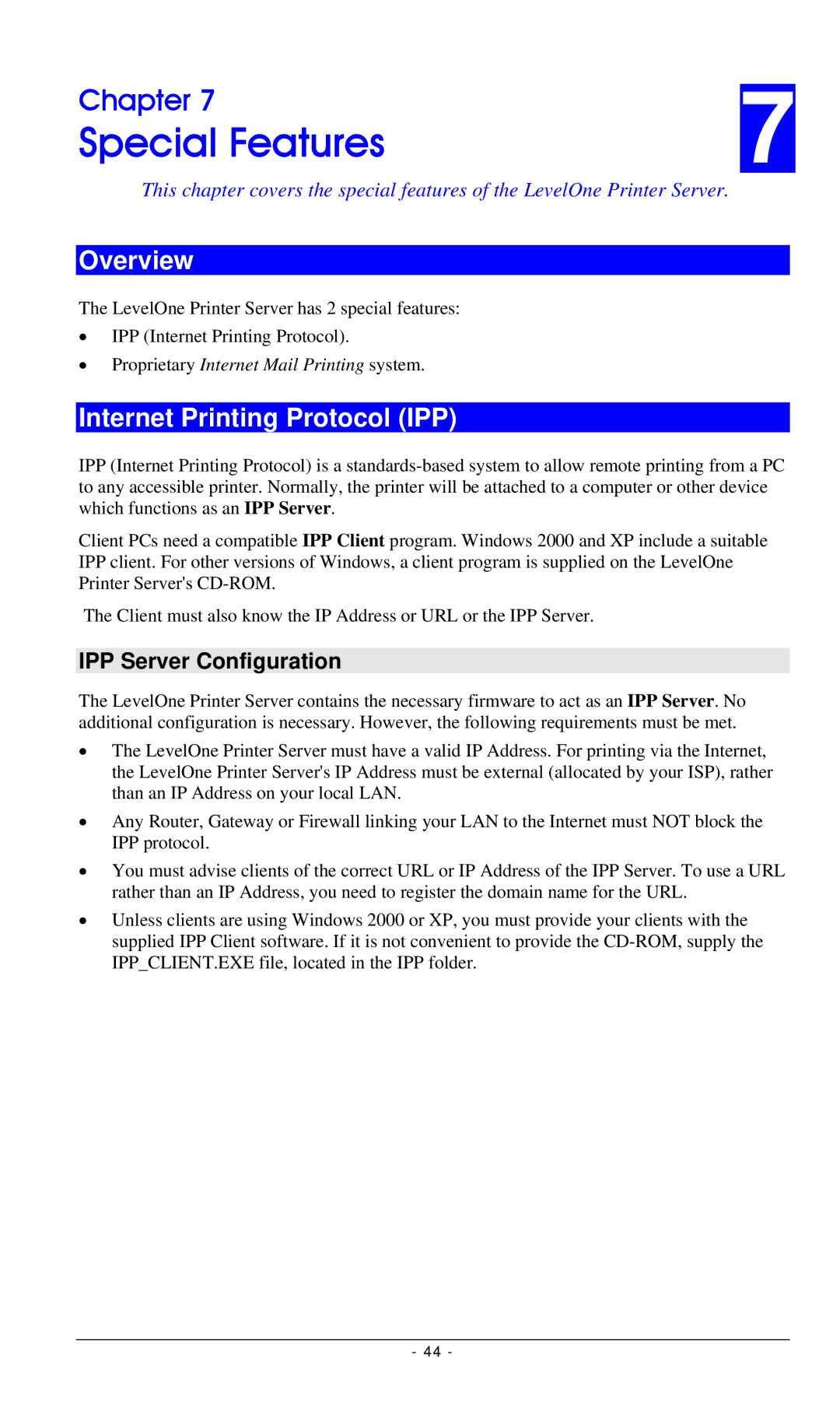 LevelOne FPS-3002USB, FPS-2112, FPS-3001TXU manual Special Features, Internet Printing Protocol IPP, IPP Server Configuration 