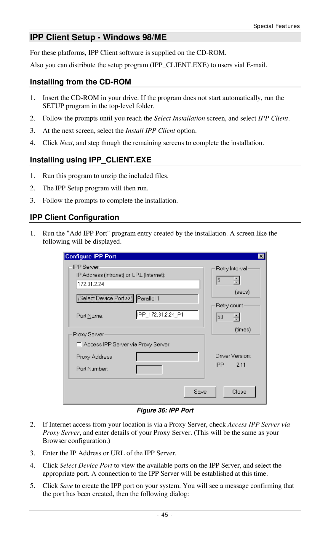 LevelOne FPS-2112, FPS-3001TXU IPP Client Setup Windows 98/ME, Installing from the CD-ROM, Installing using IPPCLIENT.EXE 