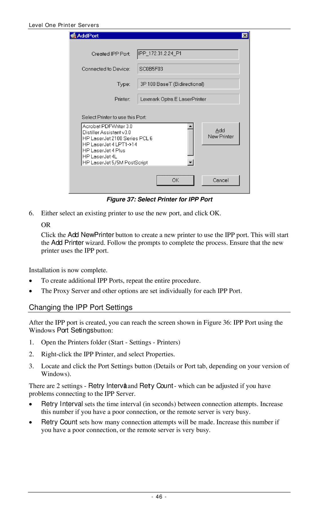 LevelOne FPS-3001TXU, FPS-2112, FPS-3002USB manual Changing the IPP Port Settings, Select Printer for IPP Port 